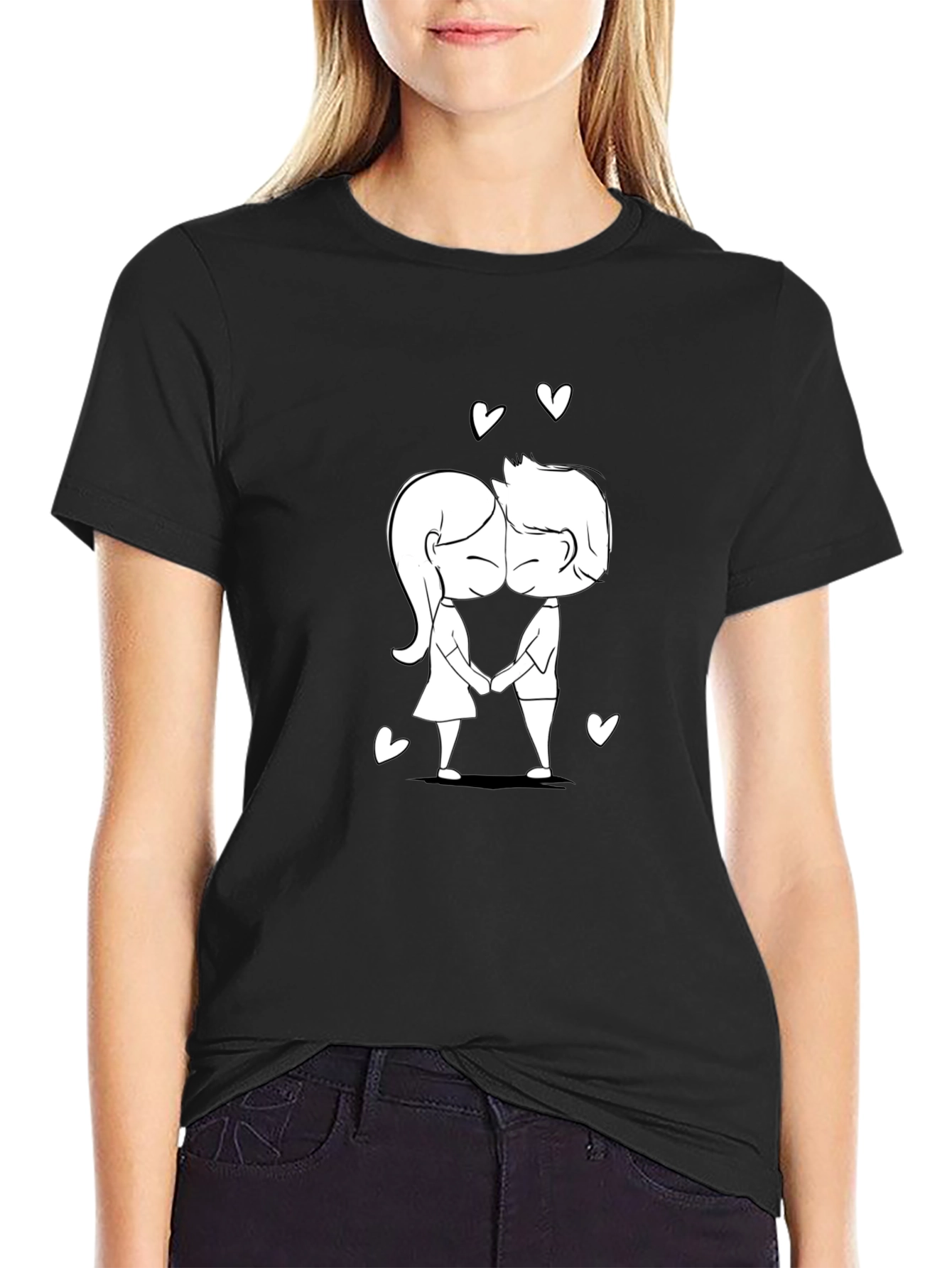 Cute Cartoon Couple Black T-Shirt