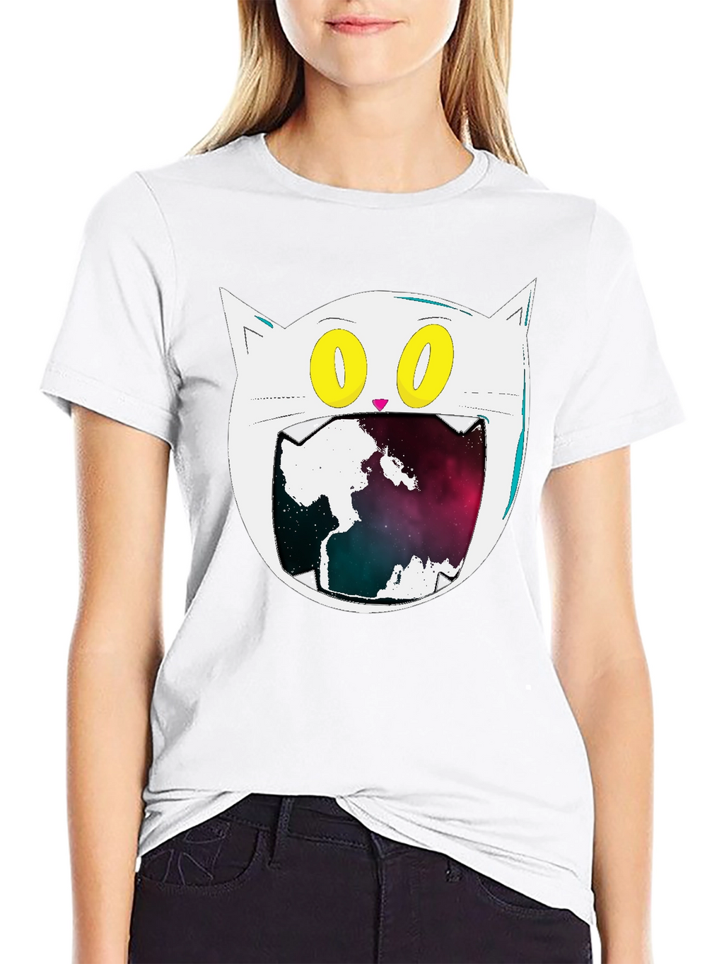 Cosmic Cat Graphic Tee - Black Cotton Blend