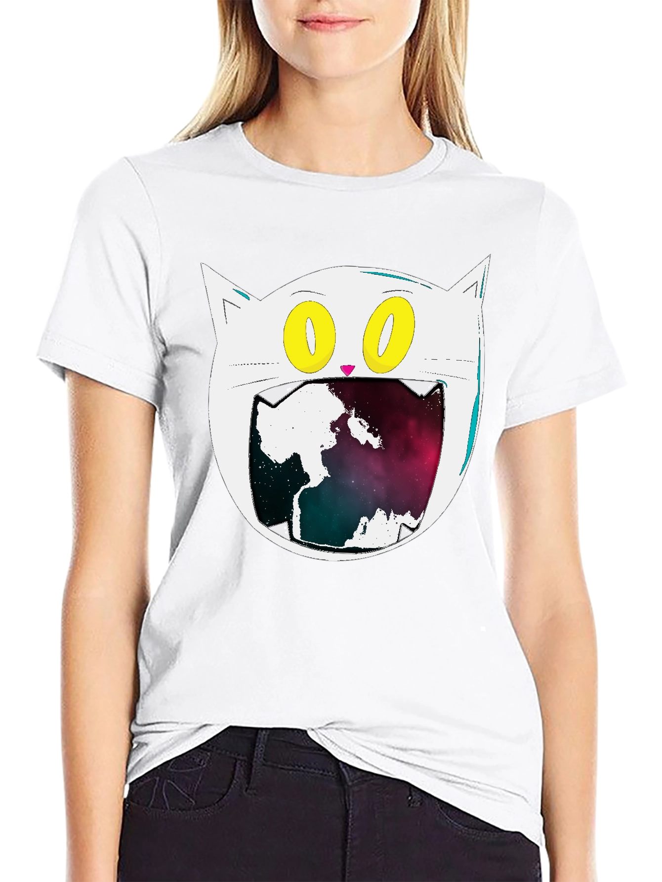 Cosmic Cat Graphic Tee - Black Cotton Blend