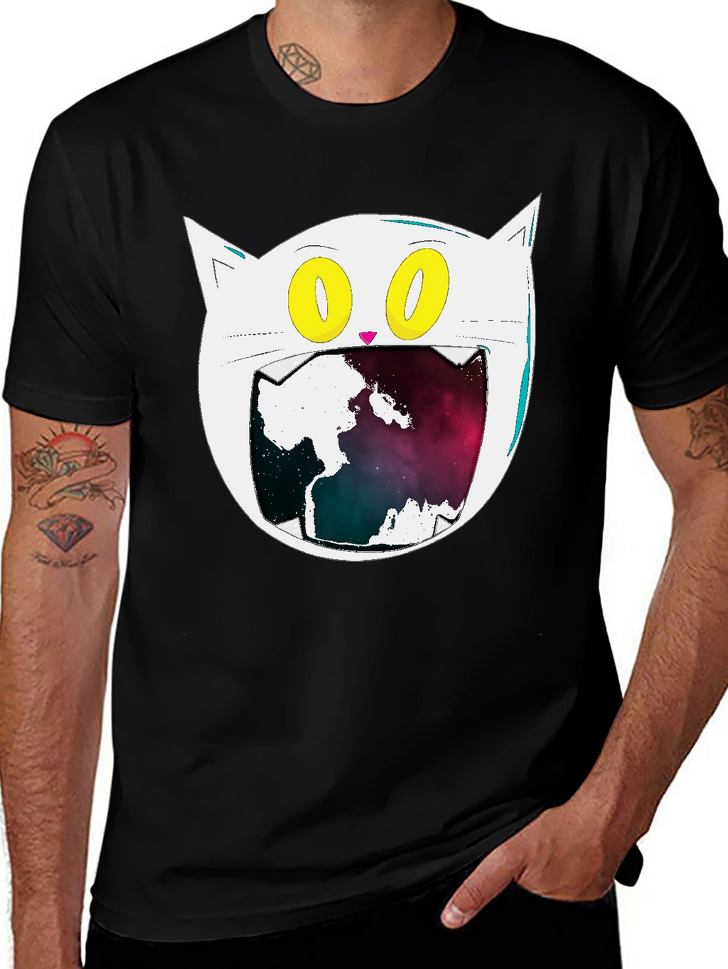 Cosmic Cat Graphic Tee - Black Cotton Blend