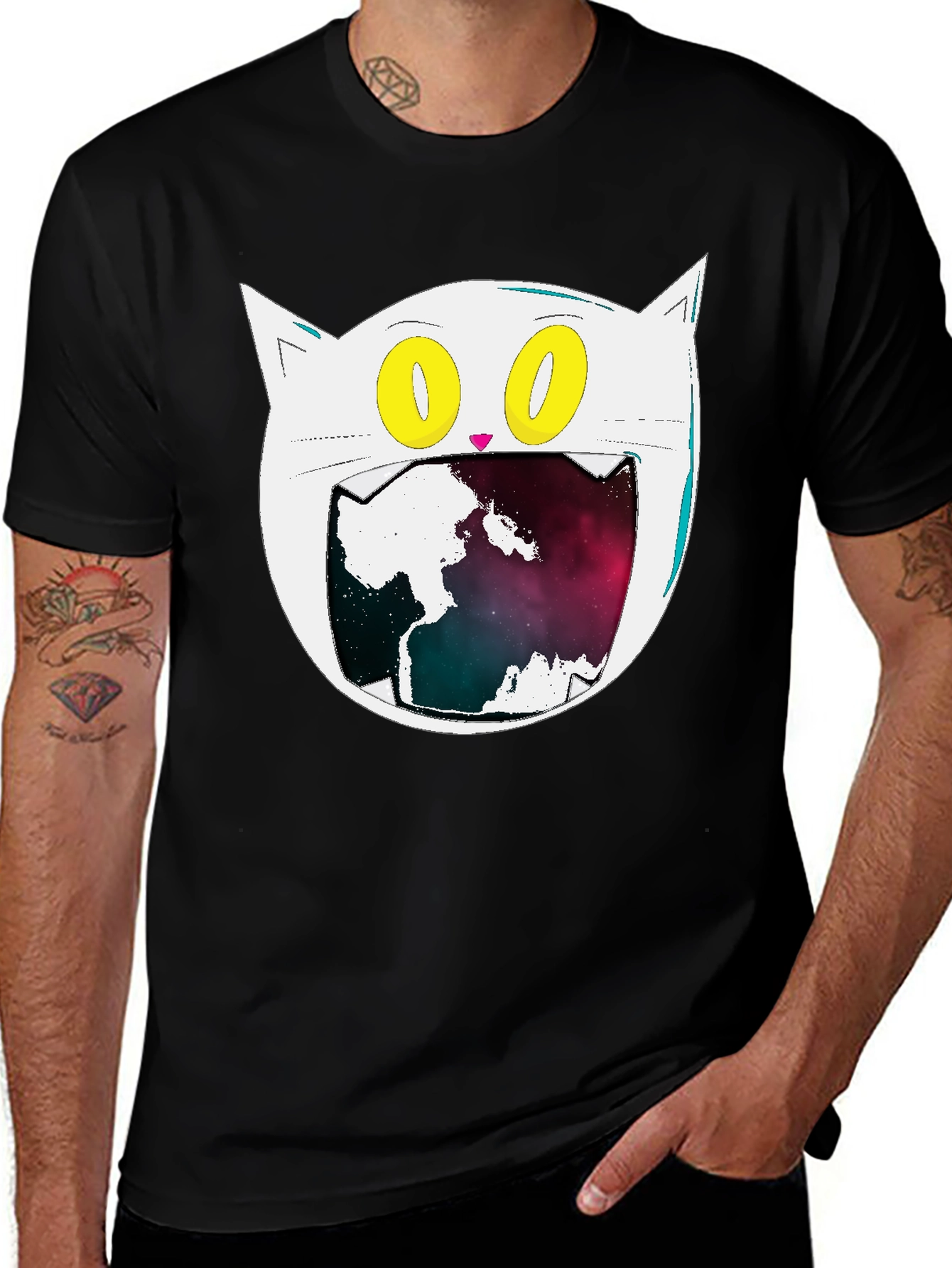 Cosmic Cat Graphic Tee - Black Cotton Blend