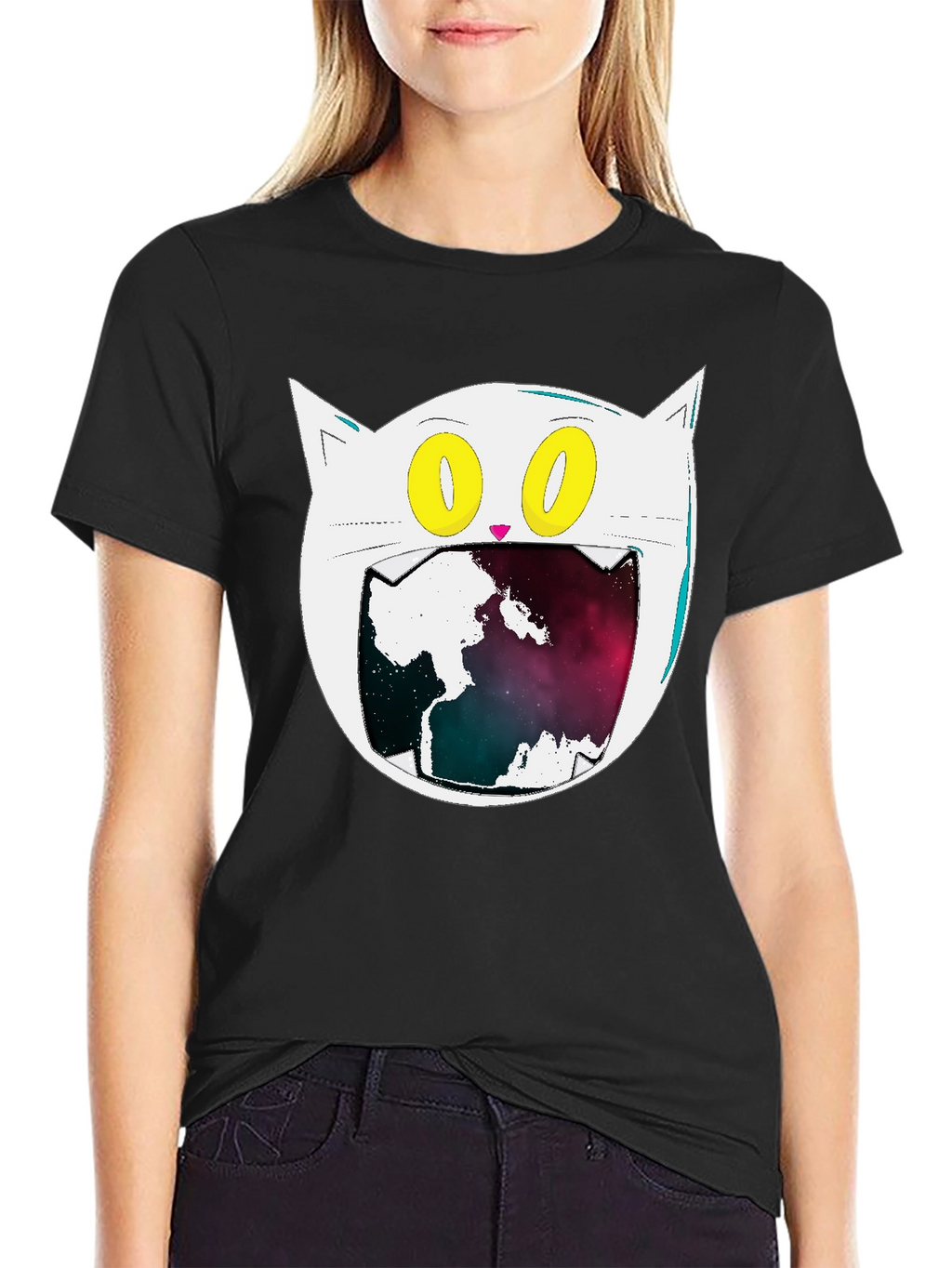 Cosmic Cat Graphic Tee - Black Cotton Blend