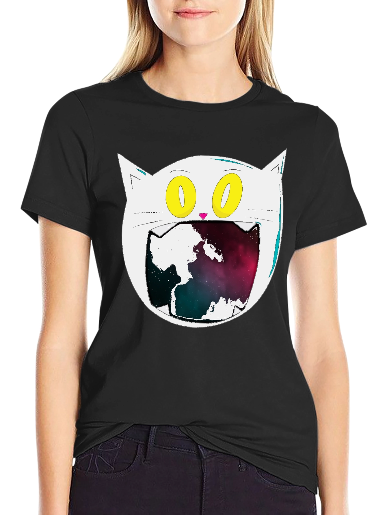 Cosmic Cat Graphic Tee - Black Cotton Blend