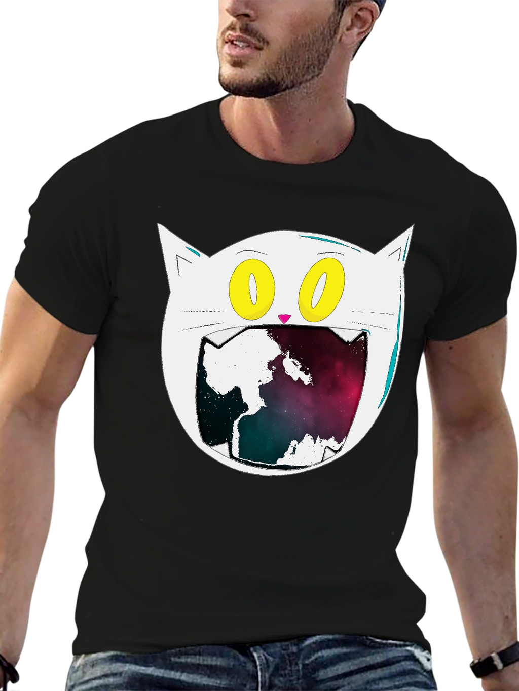 Cosmic Cat Graphic Tee - Black Cotton Blend
