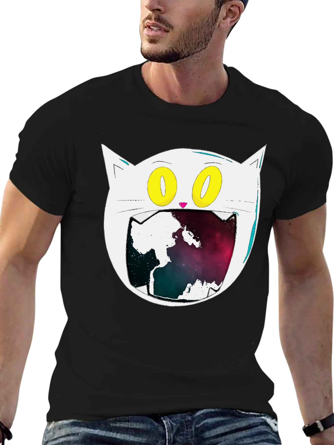 Cosmic Cat Graphic Tee - Black Cotton Blend