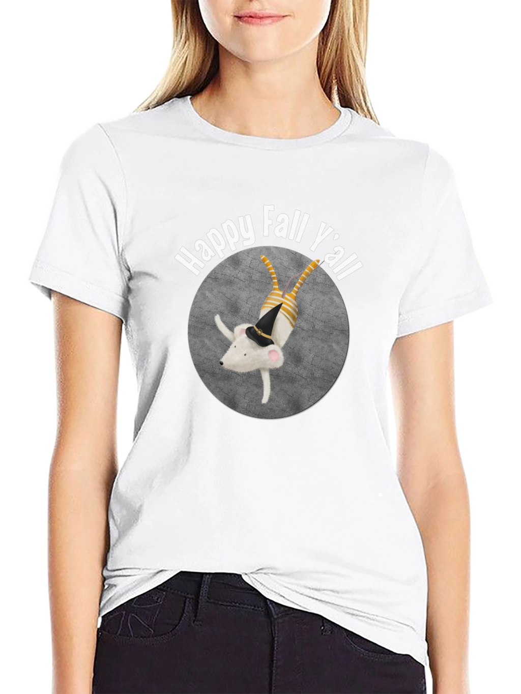 Happy Fall Yall Black T-Shirt with Cute Mouse
