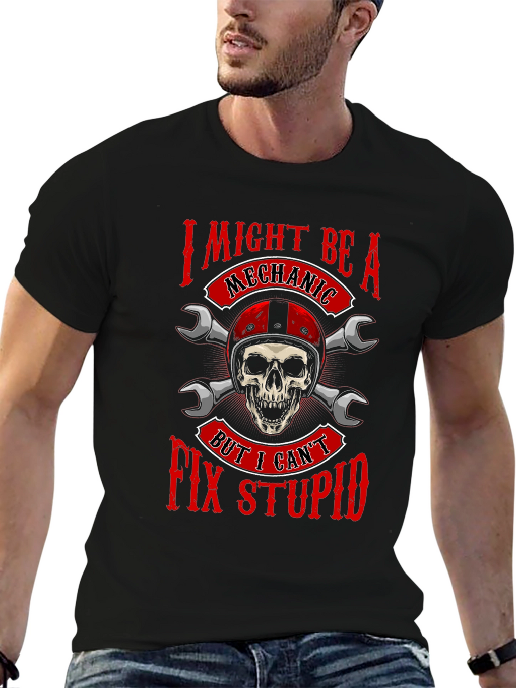 Mechanic Skull Graphic T-Shirt - Funny Slogan Tee