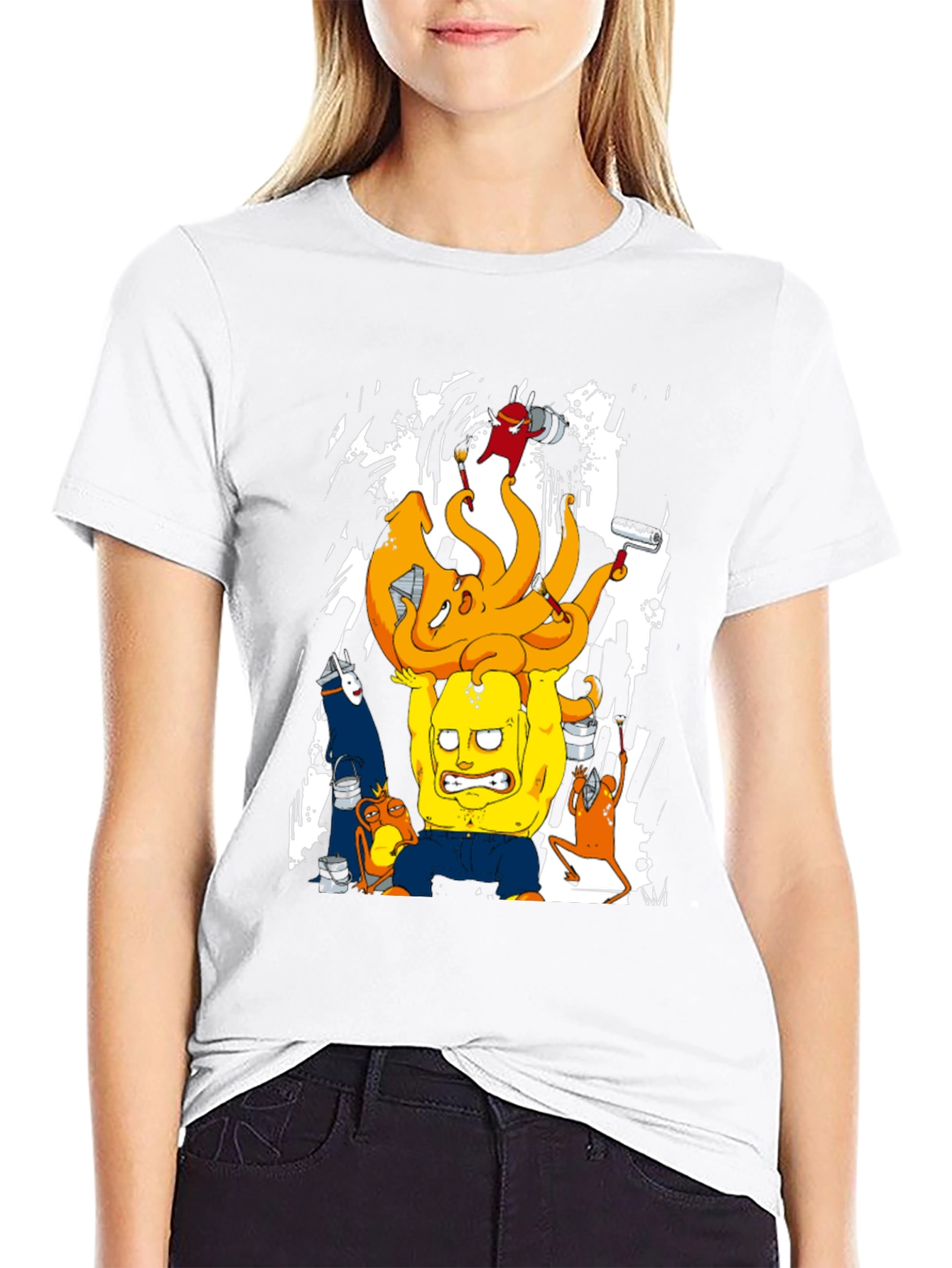 Cartoon Graphic T-Shirt - Black Crew Neck Tee
