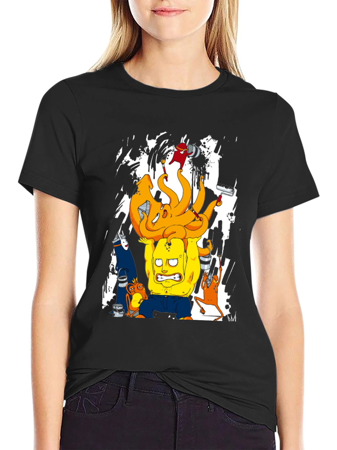 Cartoon Graphic T-Shirt - Black Crew Neck Tee