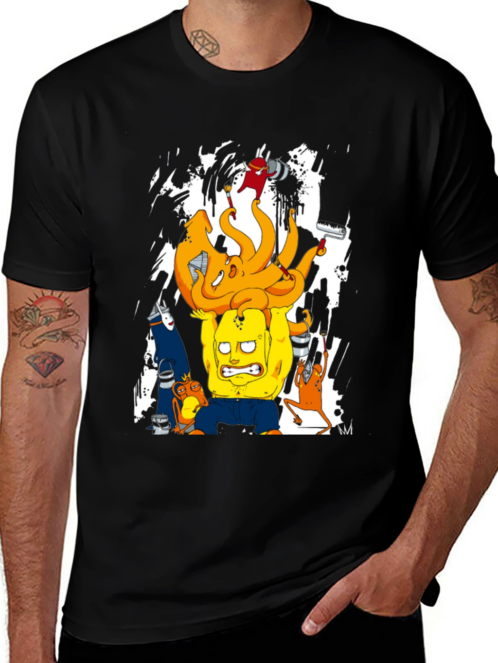 Cartoon Graphic T-Shirt - Black Crew Neck Tee