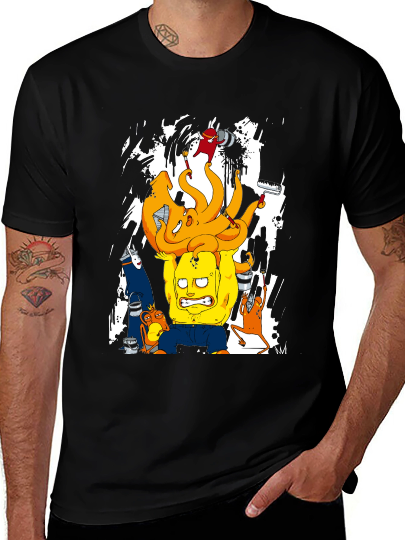 Cartoon Graphic T-Shirt - Black Crew Neck Tee