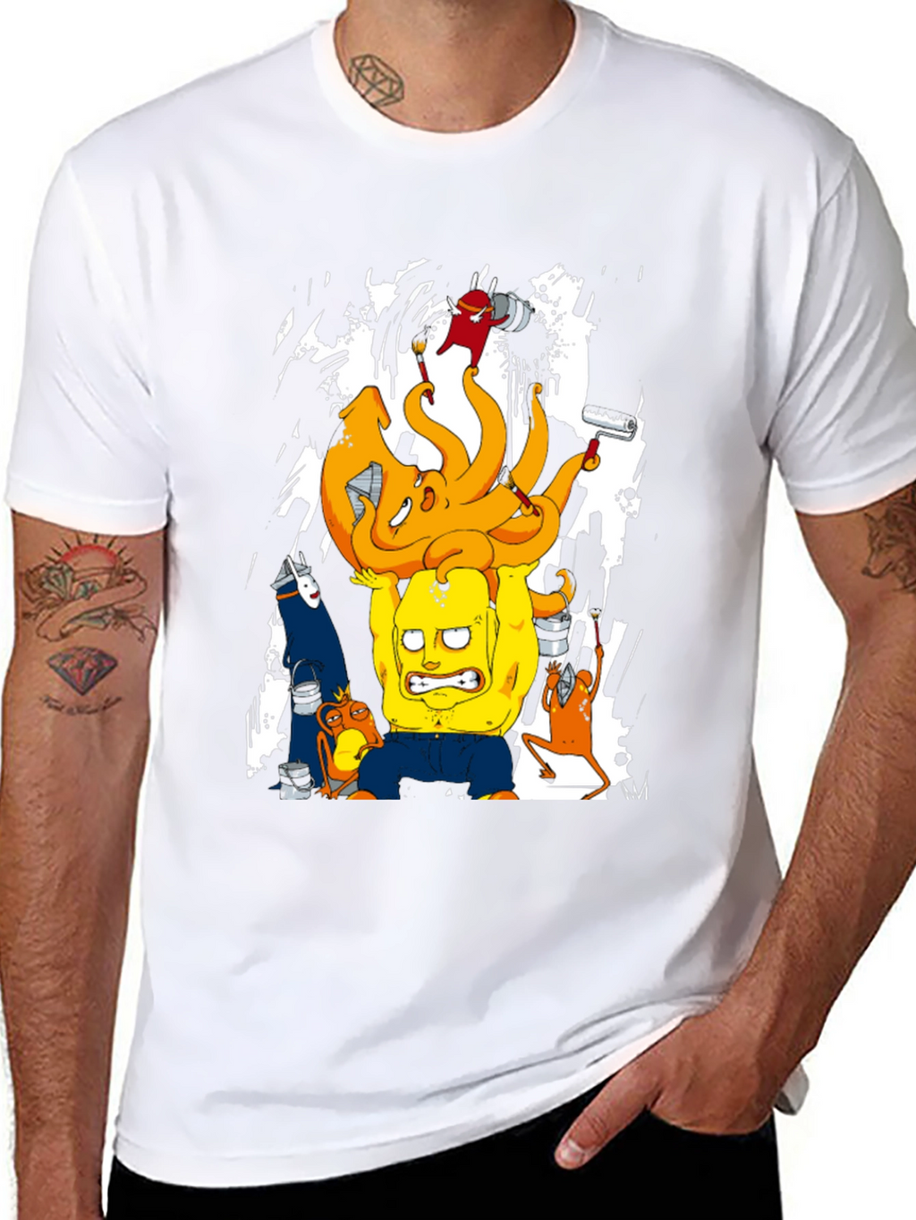 Cartoon Graphic T-Shirt - Black Crew Neck Tee