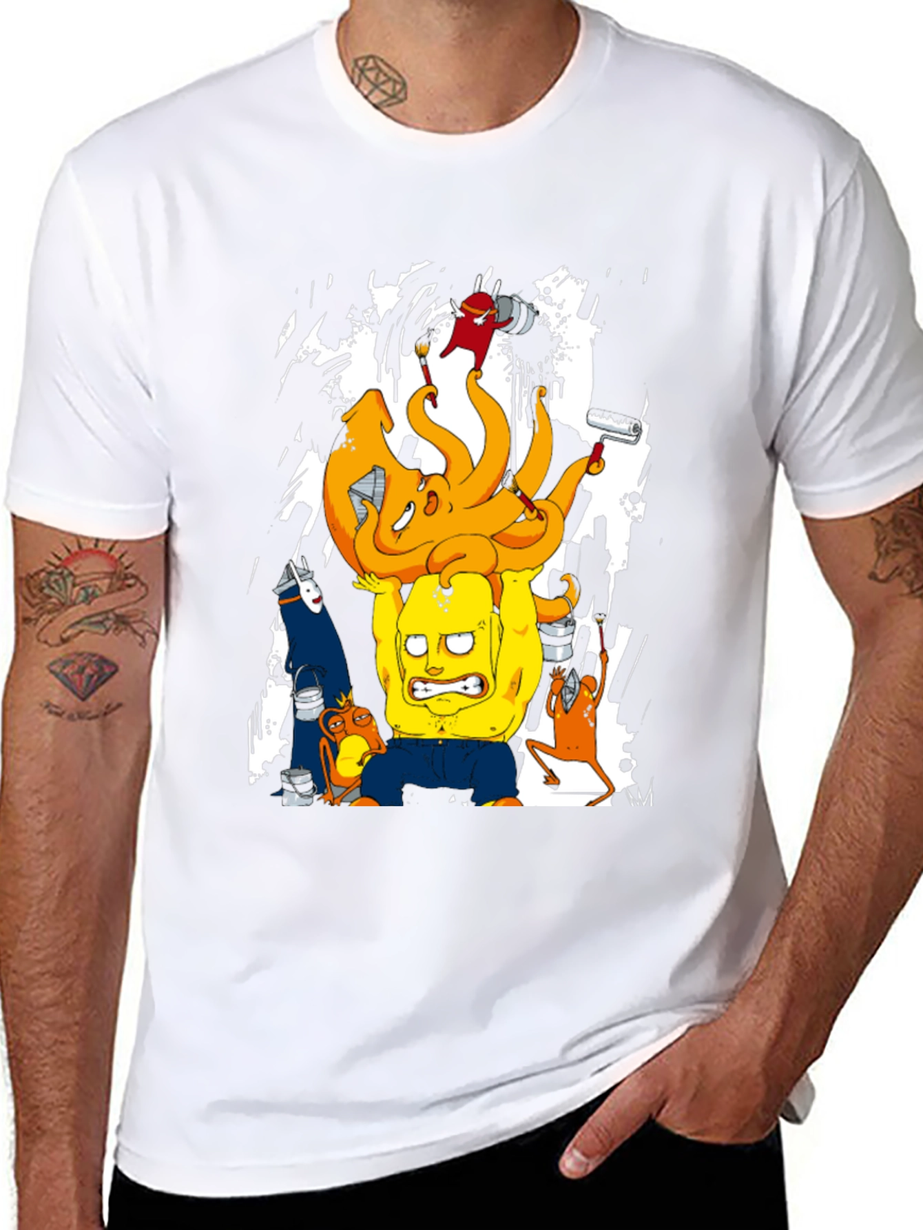 Cartoon Graphic T-Shirt - Black Crew Neck Tee
