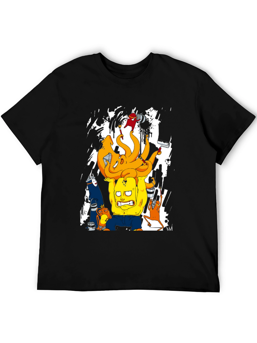 Cartoon Graphic T-Shirt - Black Crew Neck Tee