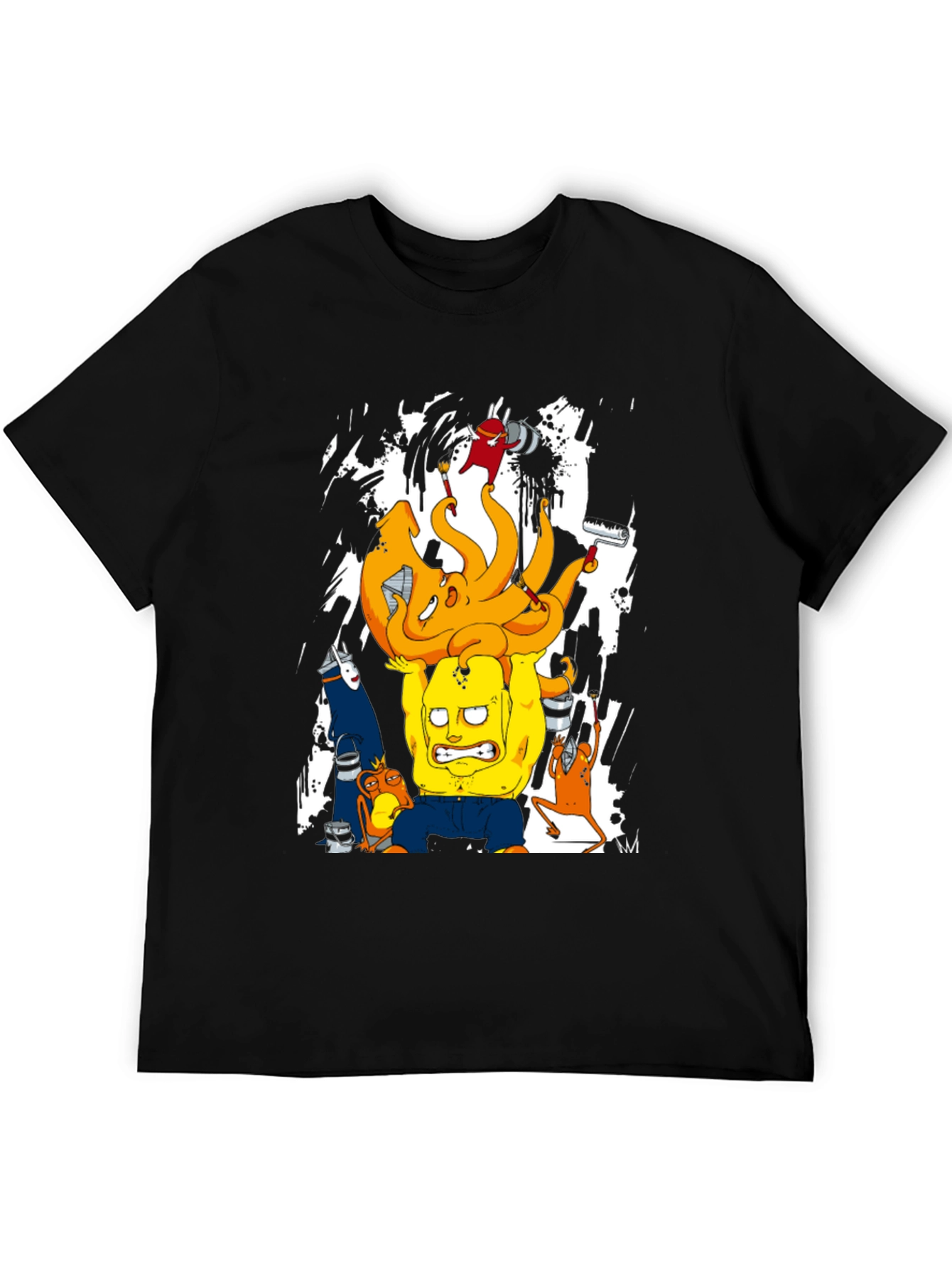 Cartoon Graphic T-Shirt - Black Crew Neck Tee