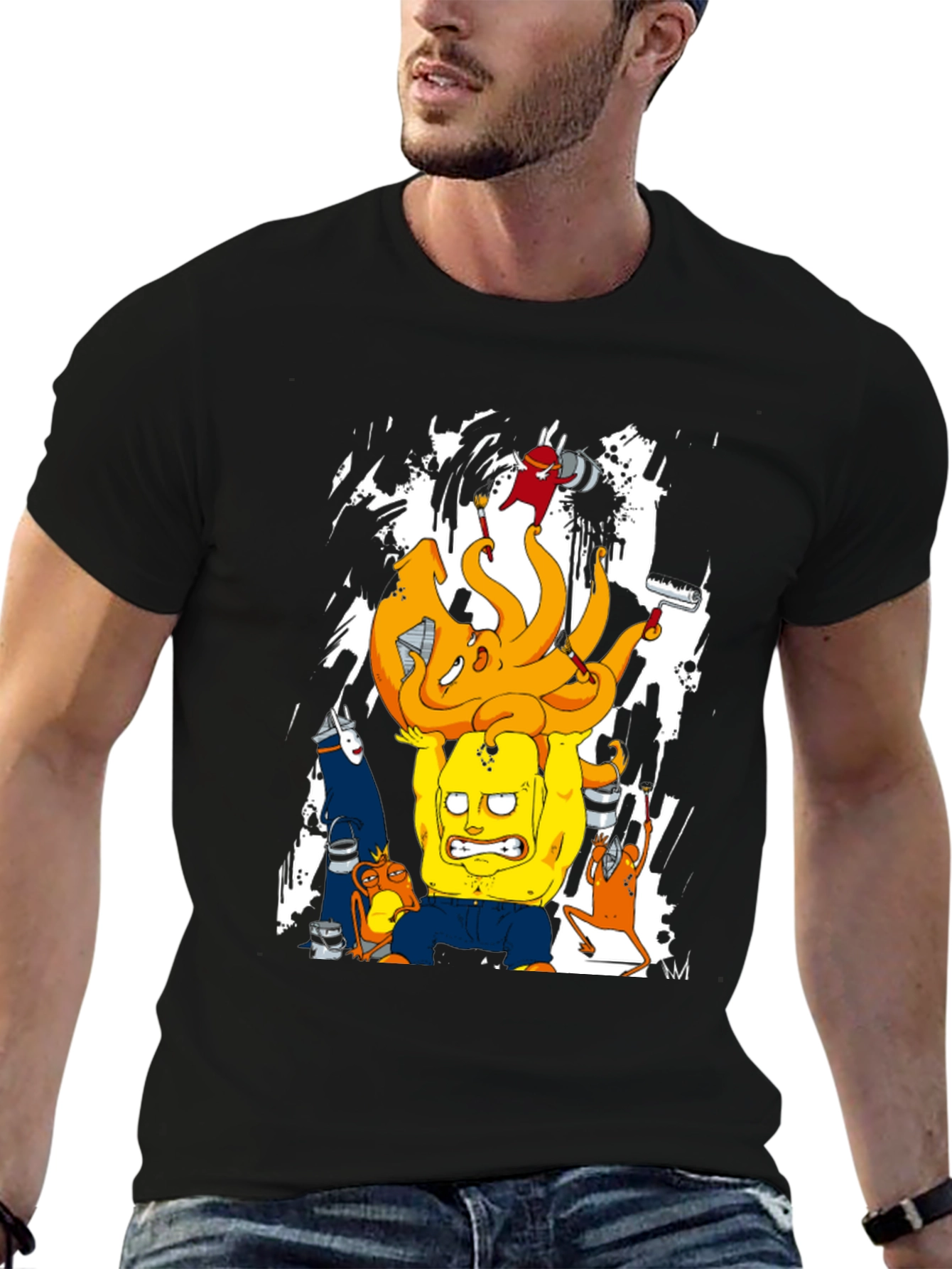Cartoon Graphic T-Shirt - Black Crew Neck Tee