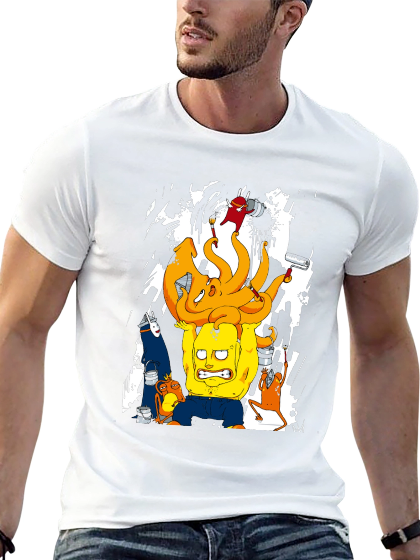 Cartoon Graphic T-Shirt - Black Crew Neck Tee