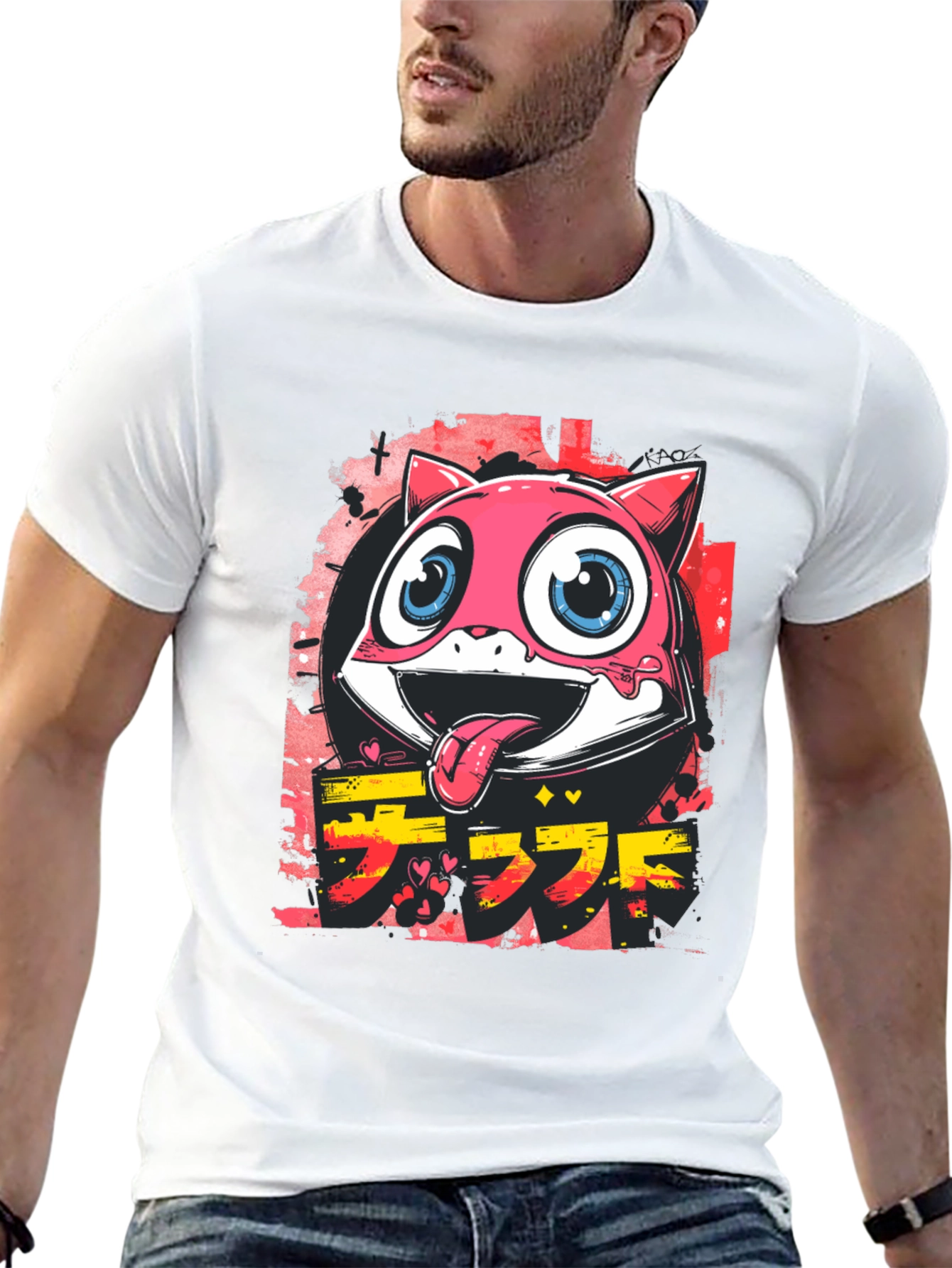 Cool Pink Cartoon Cat Graphic Tee