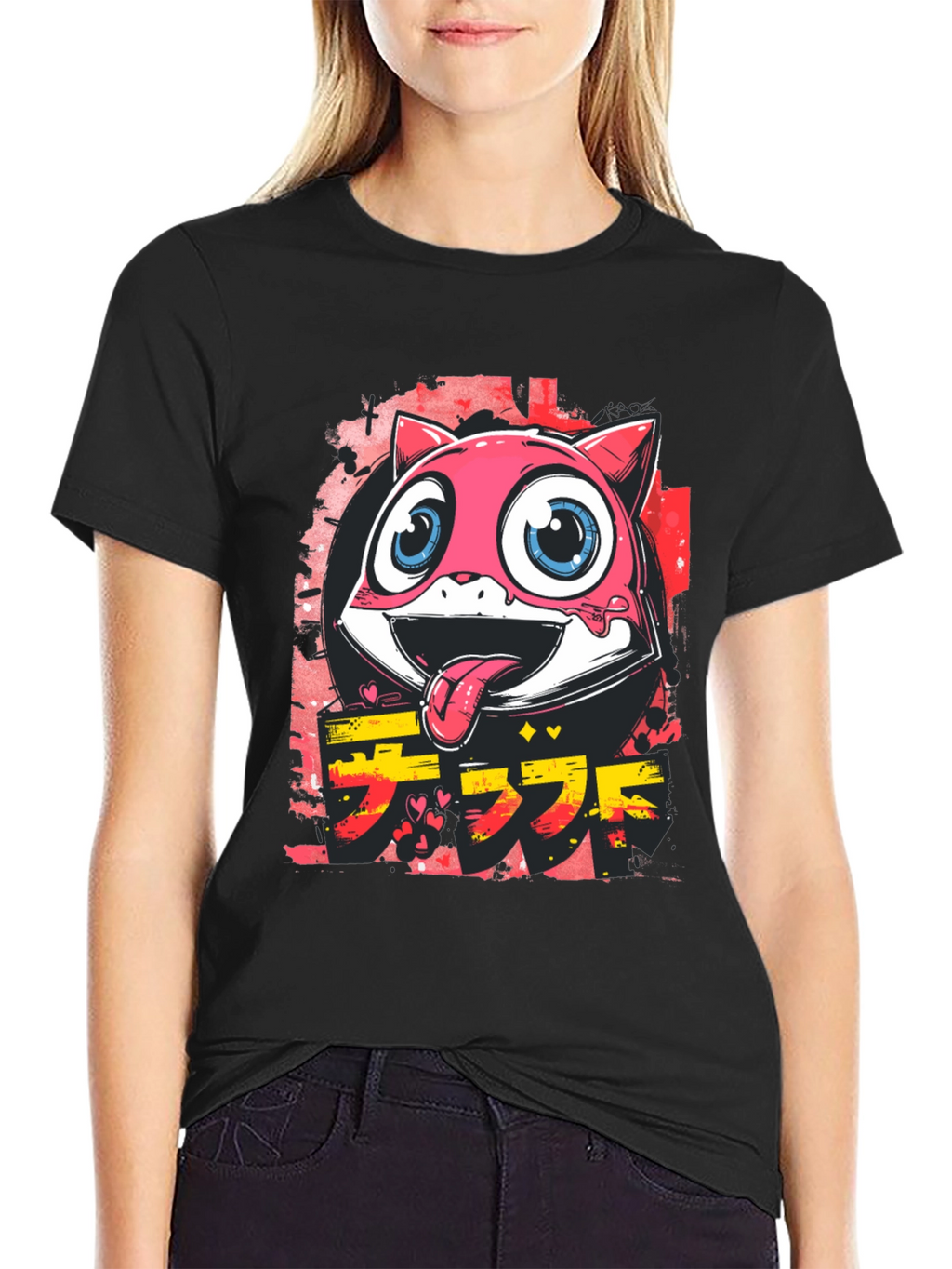 Cool Pink Cartoon Cat Graphic Tee