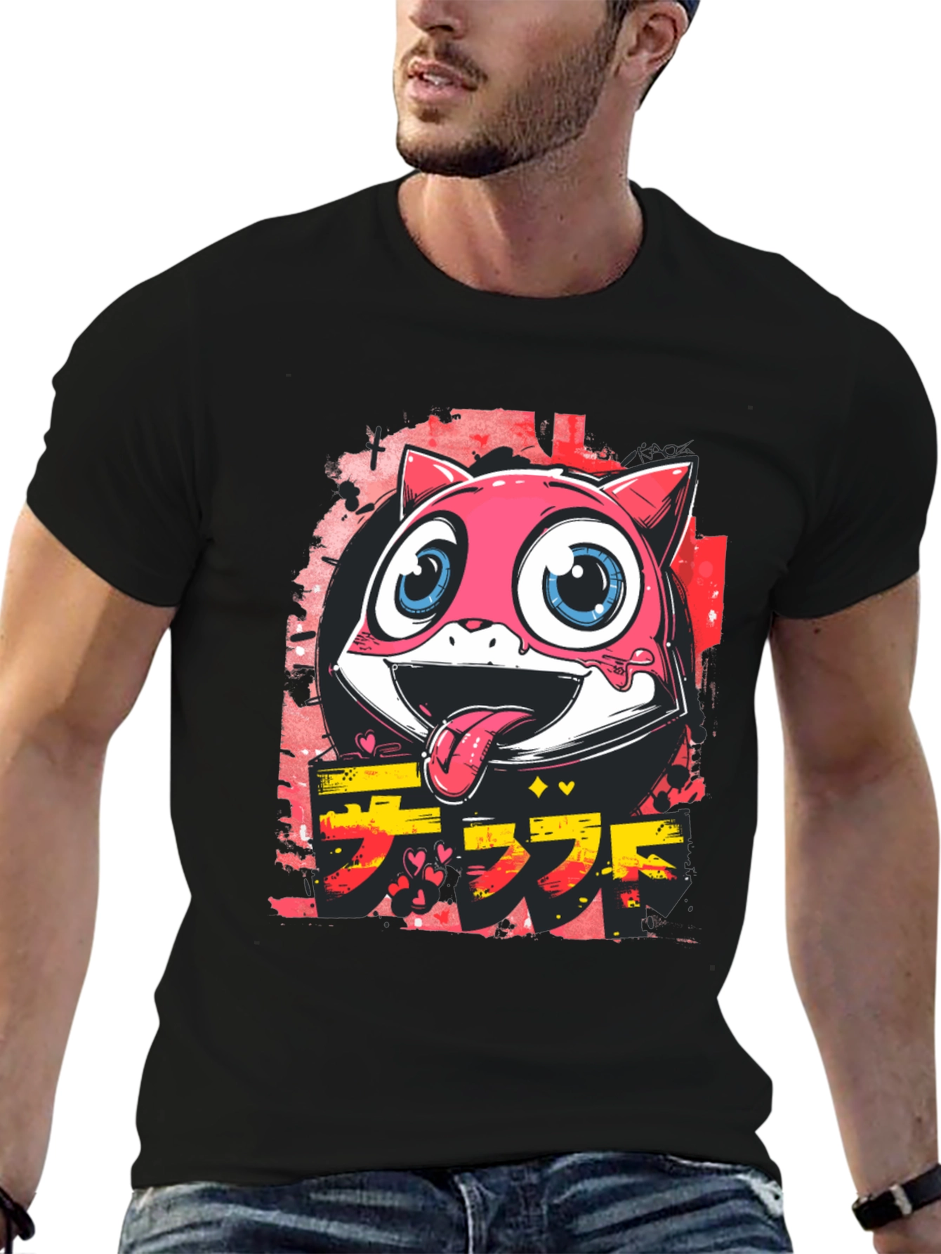 Cool Pink Cartoon Cat Graphic Tee