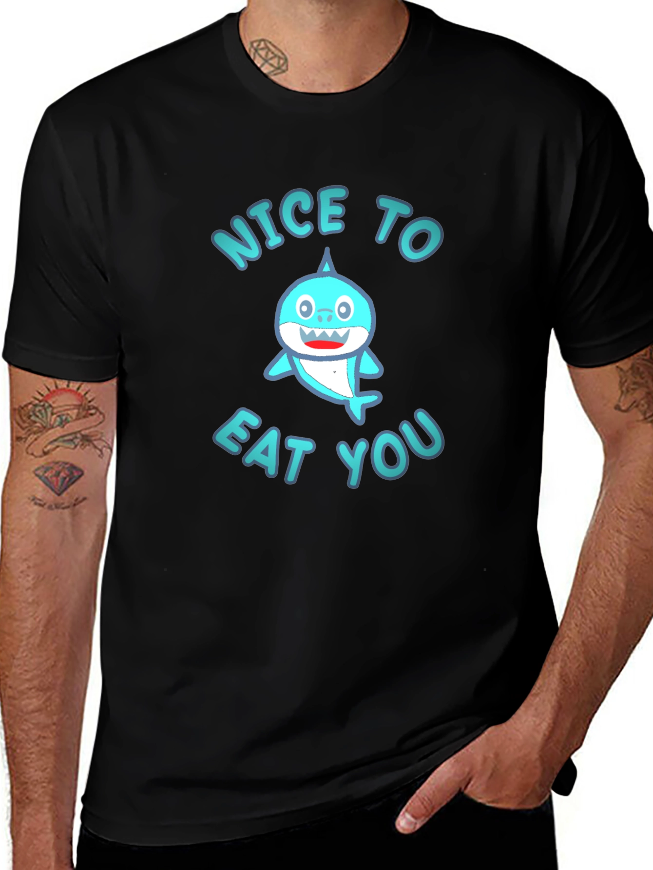 Funny Shark Graphic Tee - Nice to Eat You Black T-Shirt