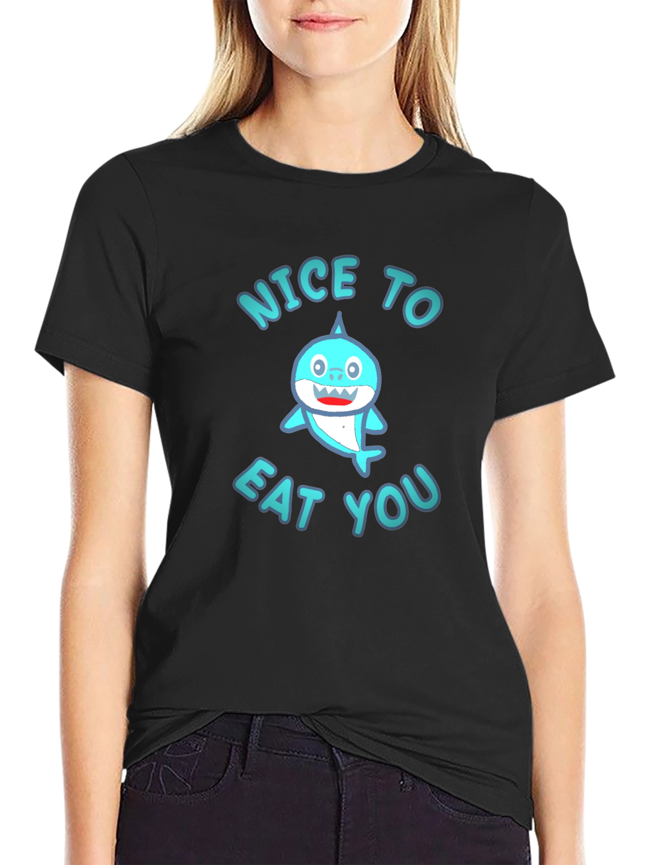 Funny Shark Graphic Tee - Nice to Eat You Black T-Shirt
