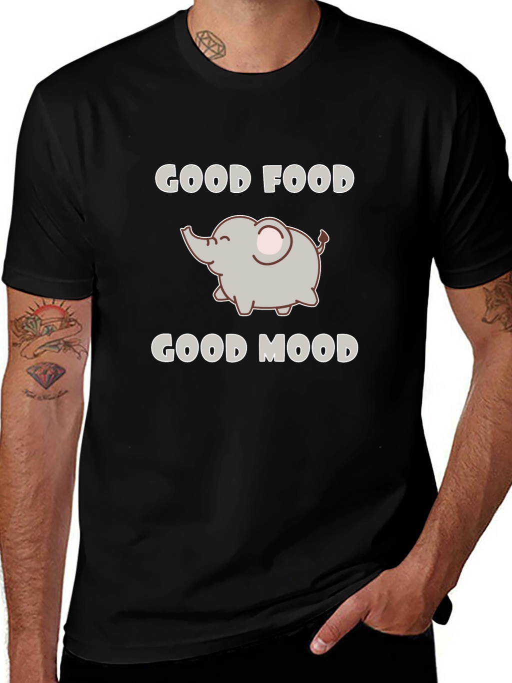 Good Food Good Mood Elephant Black Graphic T-Shirt