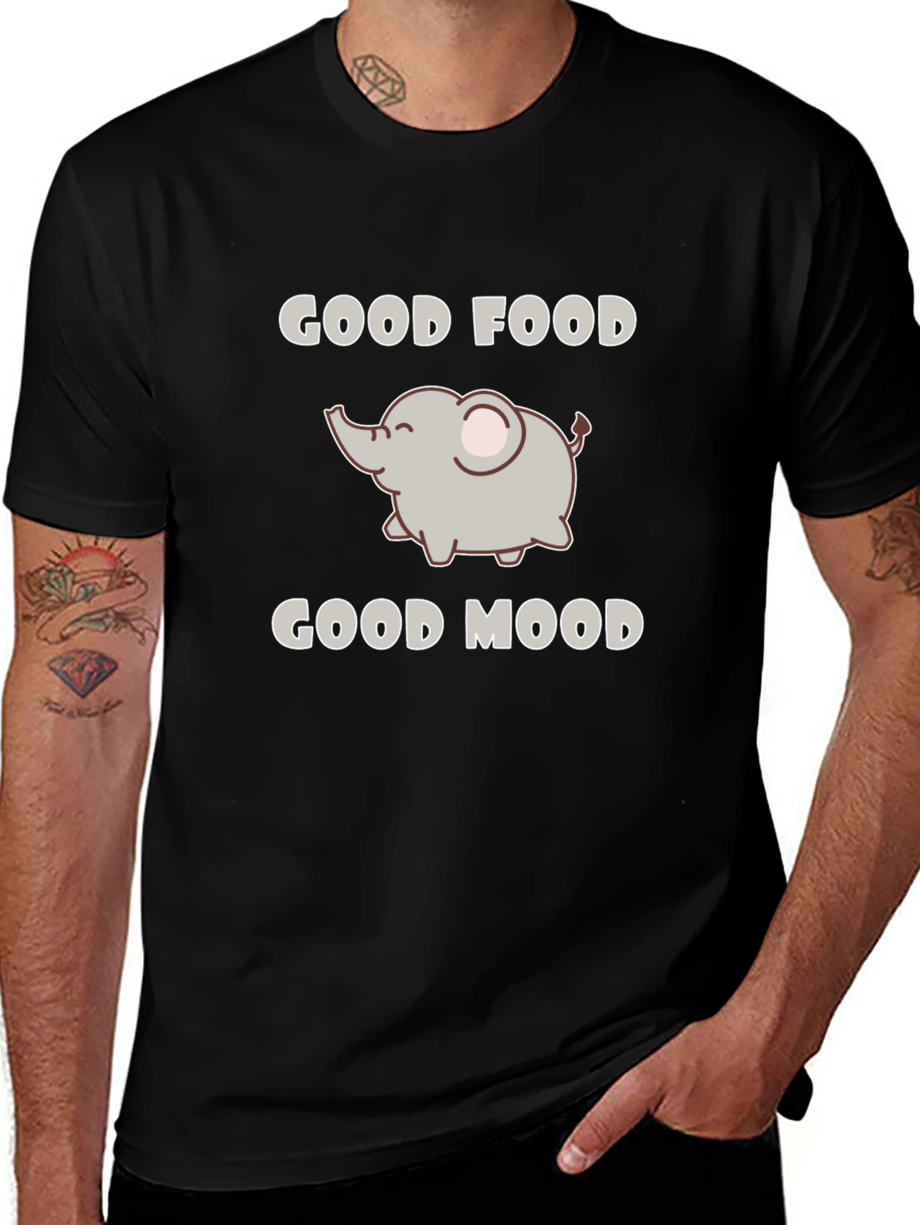 Good Food Good Mood Elephant Black Graphic T-Shirt