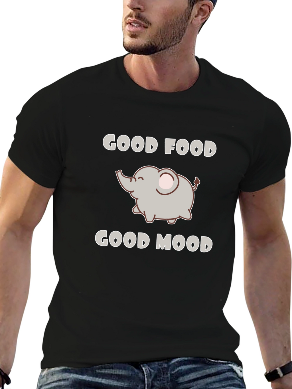 Good Food Good Mood Elephant Black Graphic T-Shirt