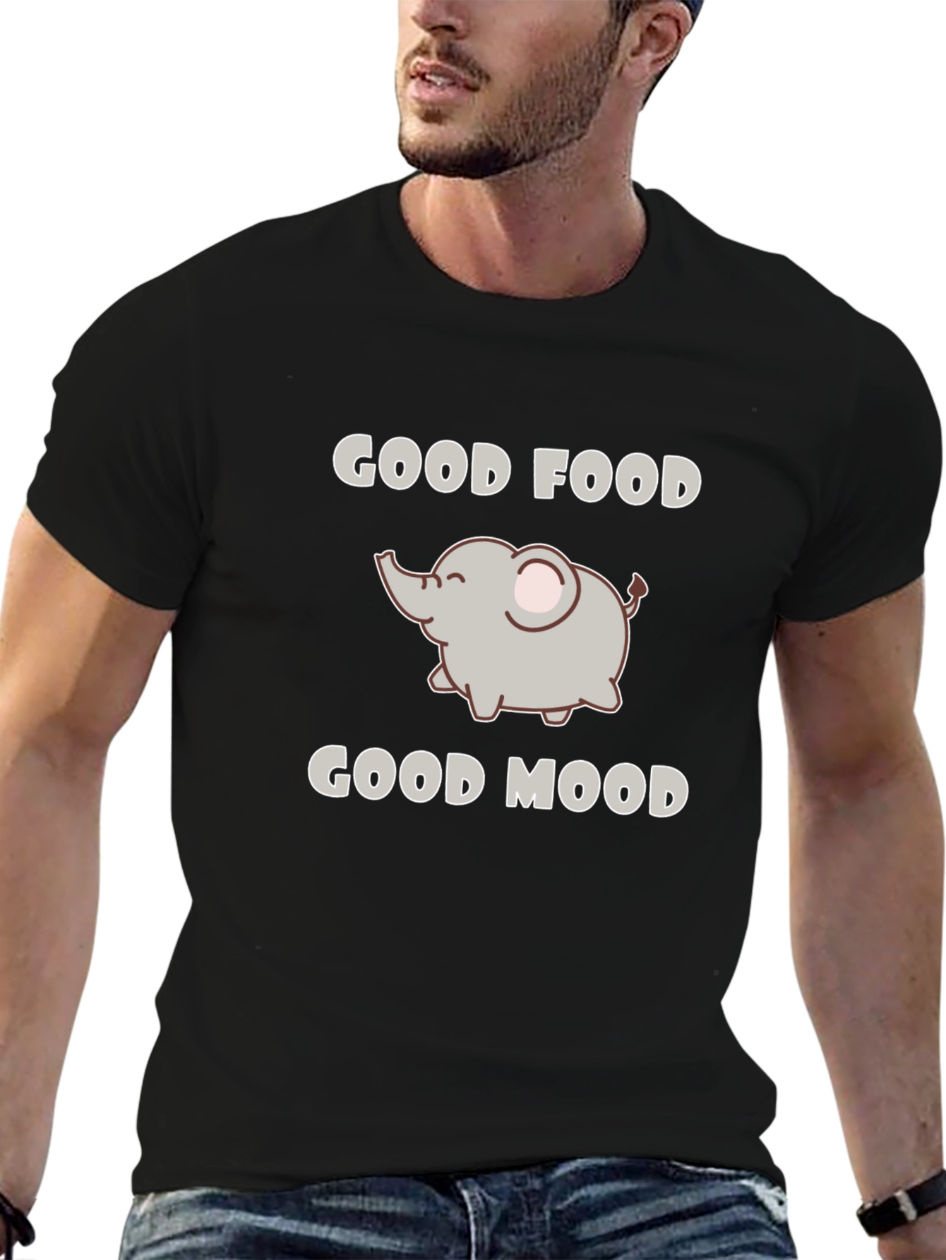 Good Food Good Mood Elephant Black Graphic T-Shirt