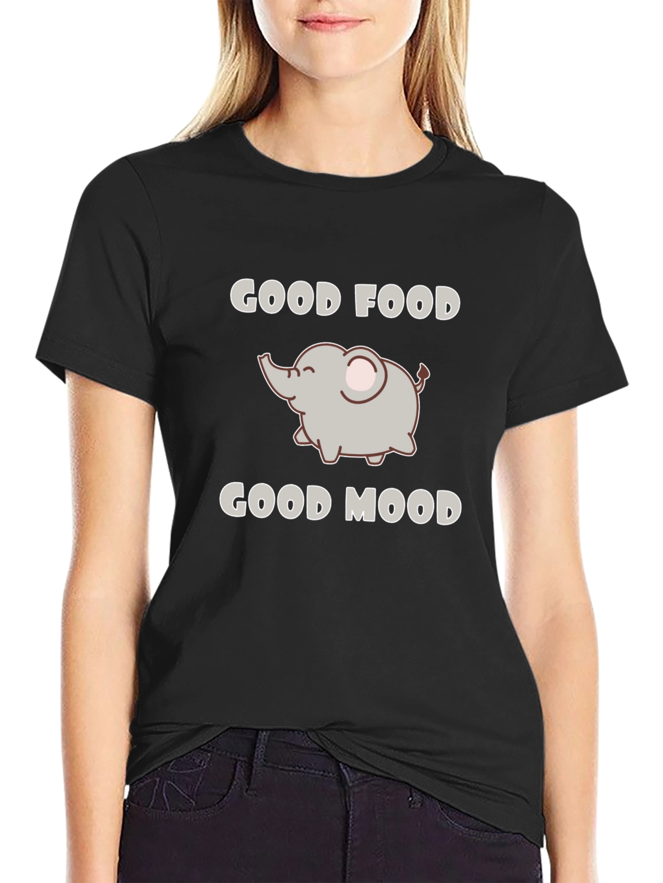Good Food Good Mood Elephant Black Graphic T-Shirt