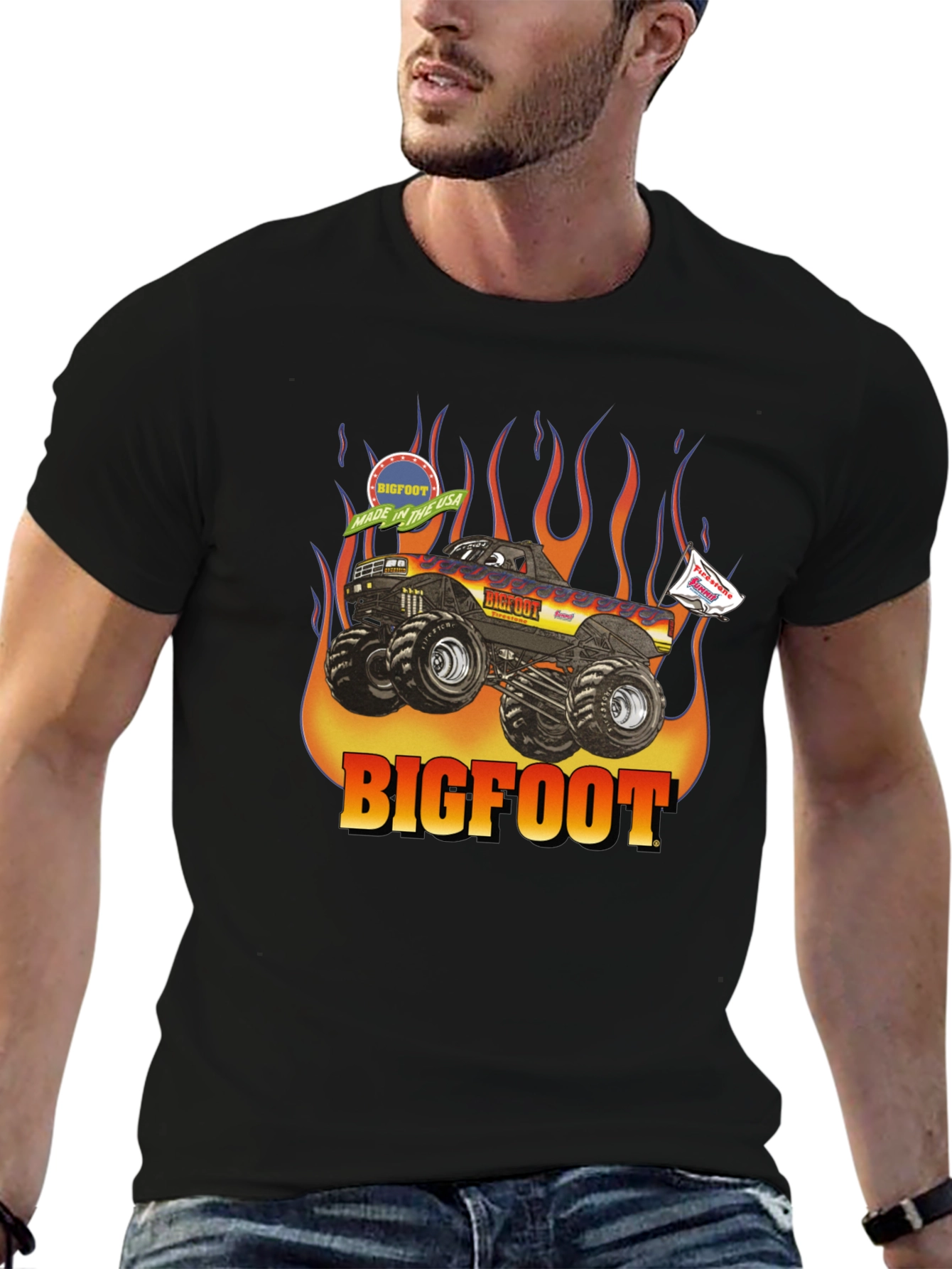 Bigfoot Monster Truck Flames Graphic T-Shirt