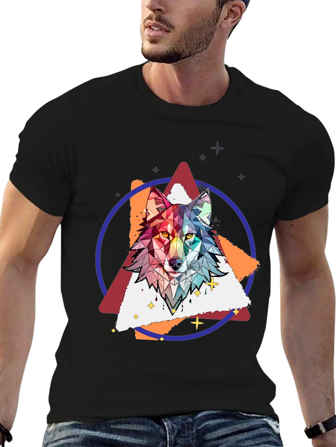 Geometric Wolf Graphic Print Tee - Stylish Mens T-Shirt