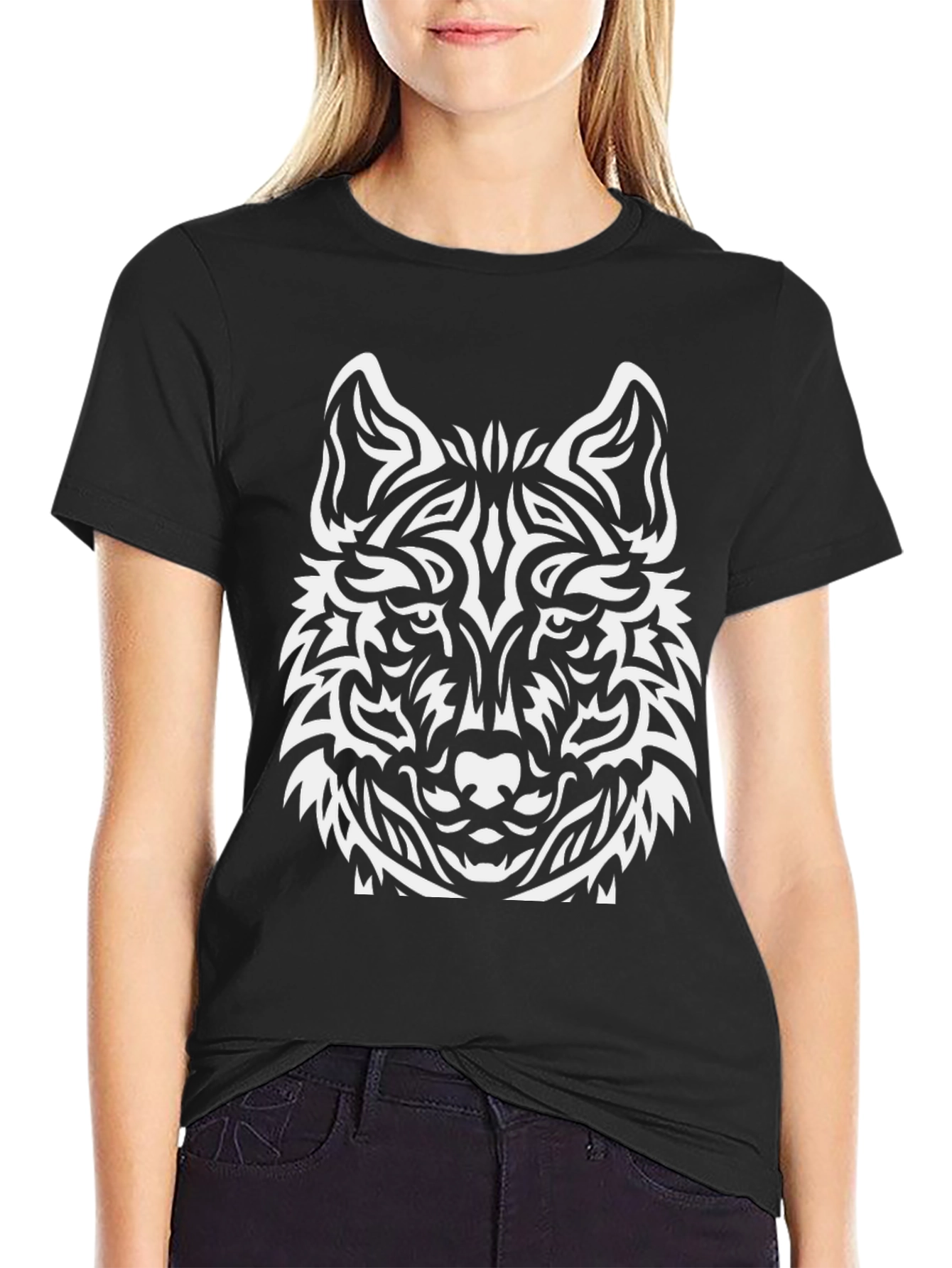 Wolf Graphic Print Tee - Black Cotton Blend