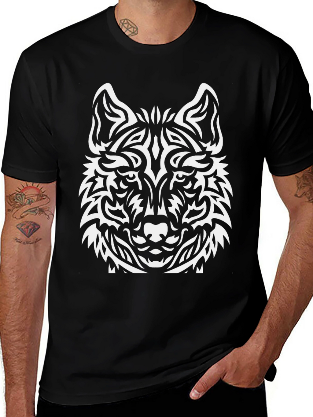 Wolf Graphic Print Tee - Black Cotton Blend
