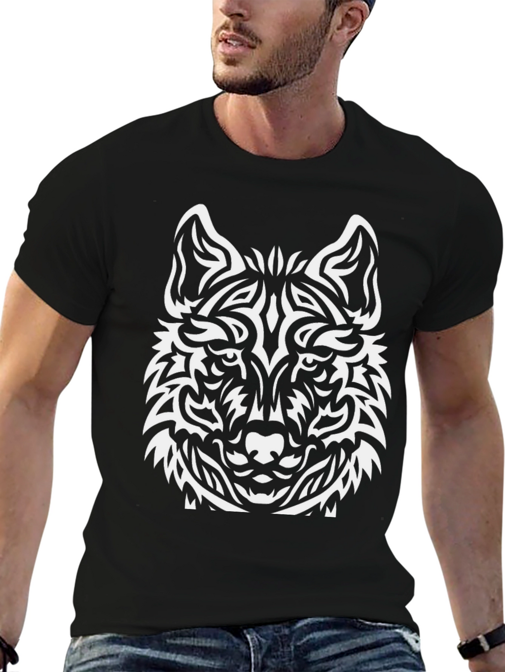 Wolf Graphic Print Tee - Black Cotton Blend