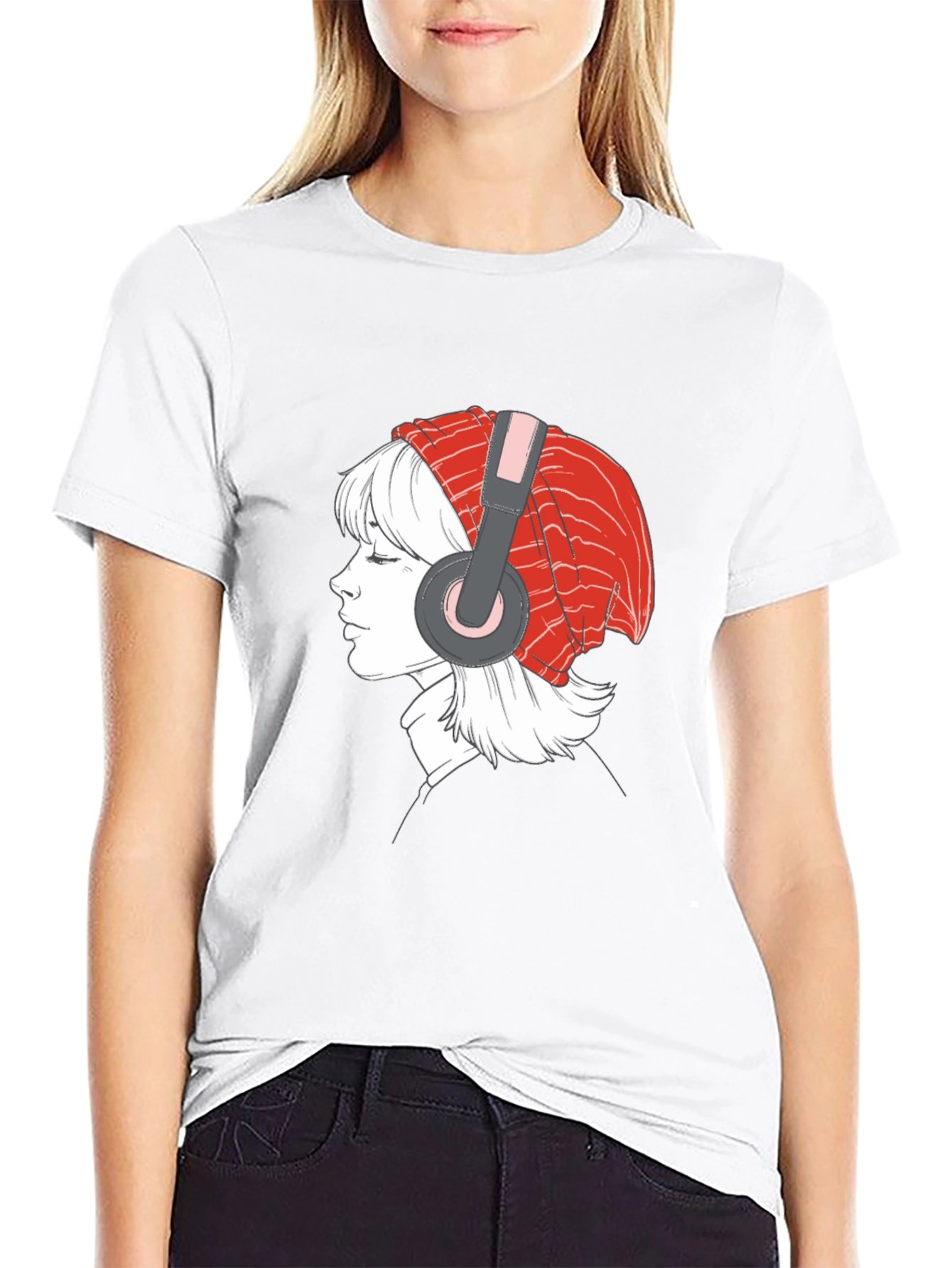 Headphone Girl Graphic T-Shirt - Casual Black Tee