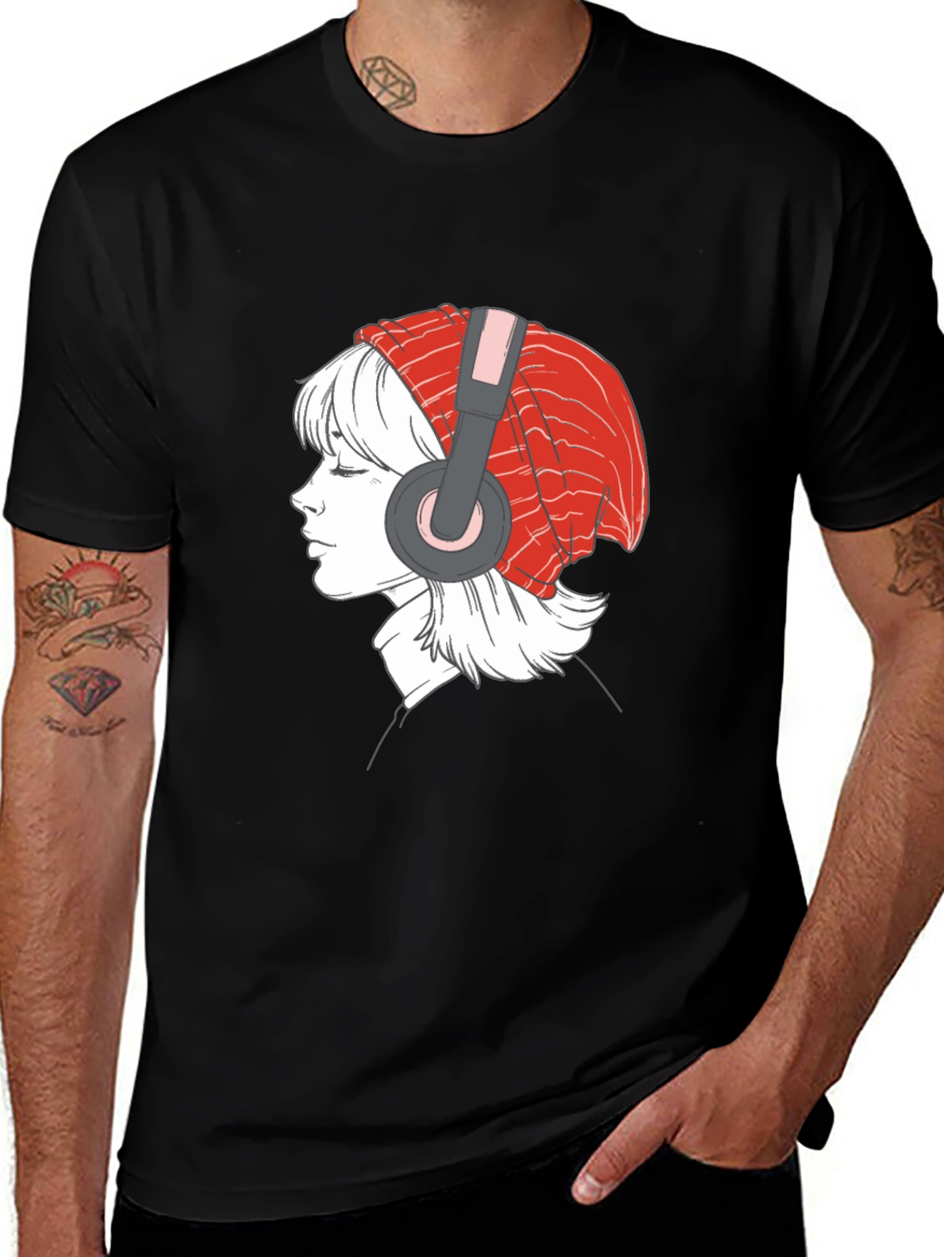 Headphone Girl Graphic T-Shirt - Casual Black Tee