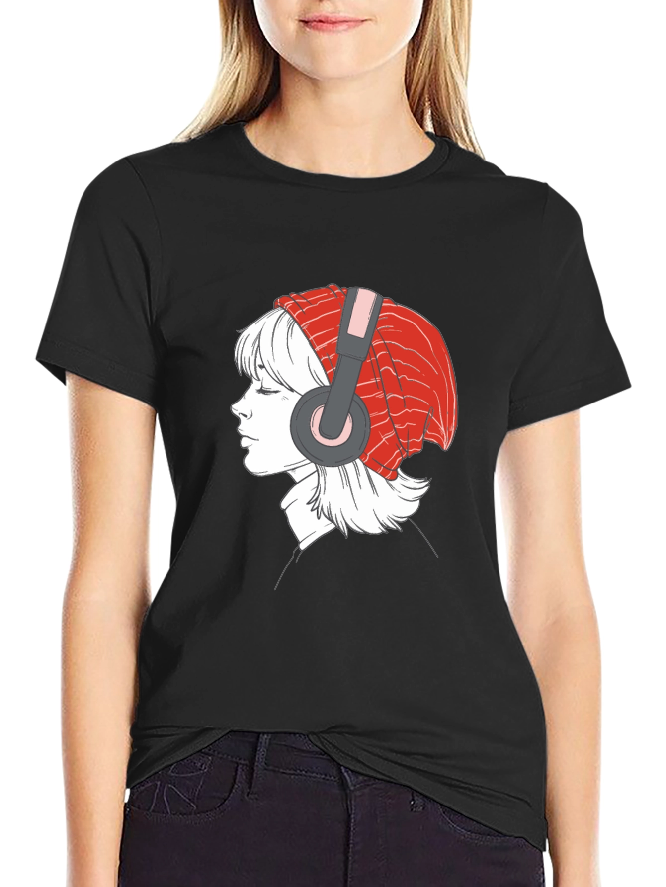 Headphone Girl Graphic T-Shirt - Casual Black Tee
