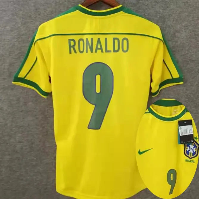 Ronaldo # 9 Brazil Home Retro Soccer Jersey 1998 ★★ Front