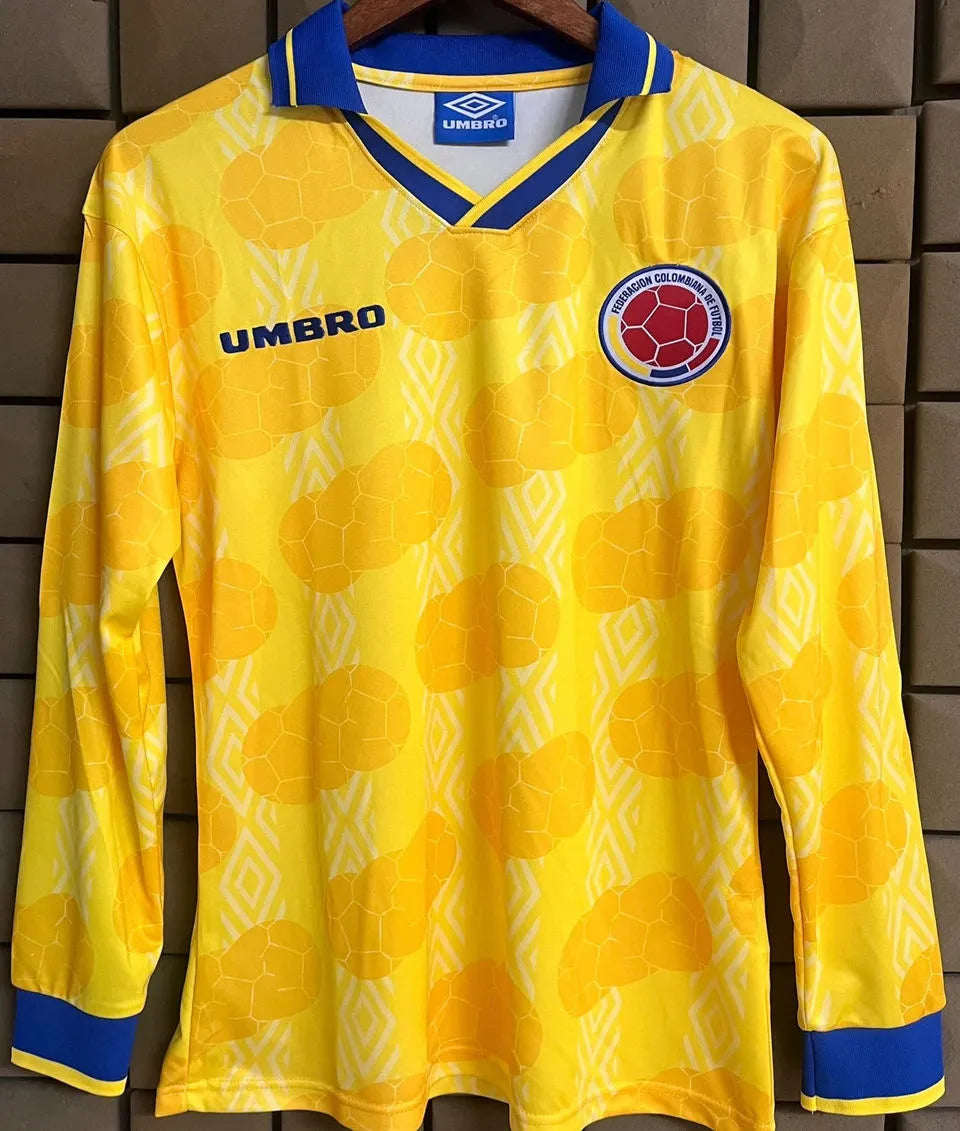 1994 Colombia Home Yellow Retro Long Sleeve Soccer Jersey Front
