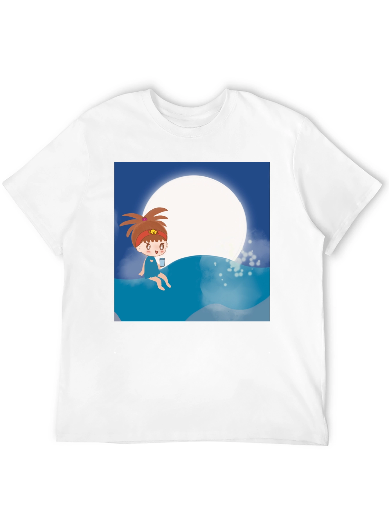 Cartoon Girl Moon Beach T-Shirt