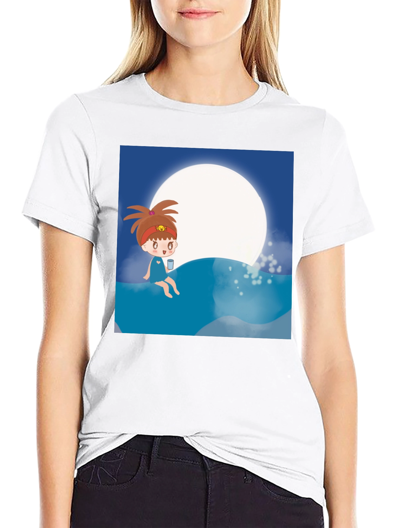 Cartoon Girl Moon Beach T-Shirt