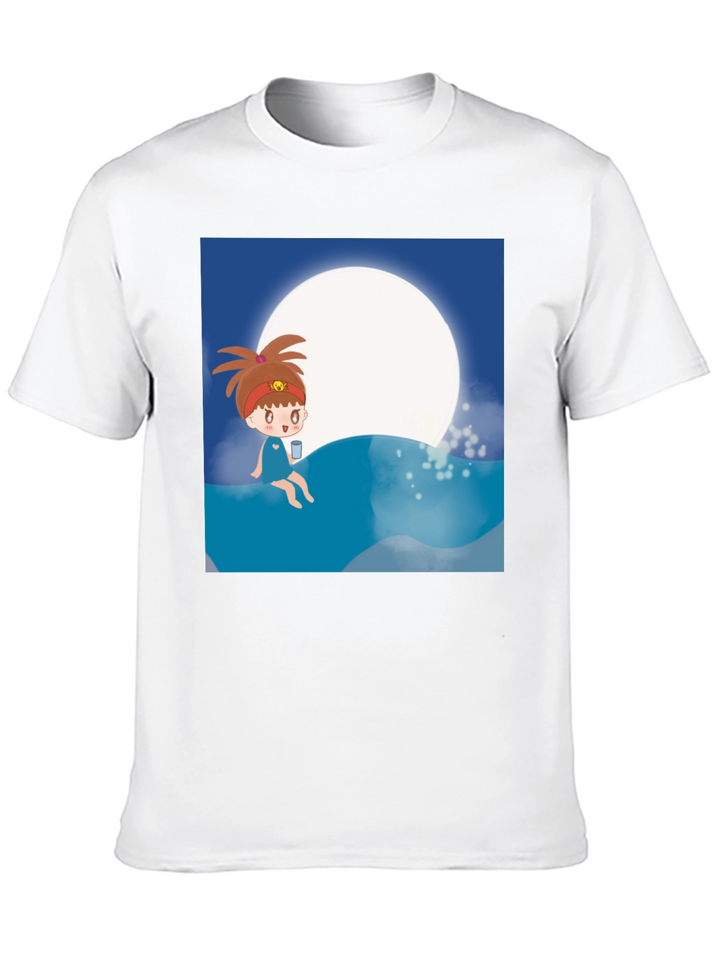 Cartoon Girl Moon Beach T-Shirt