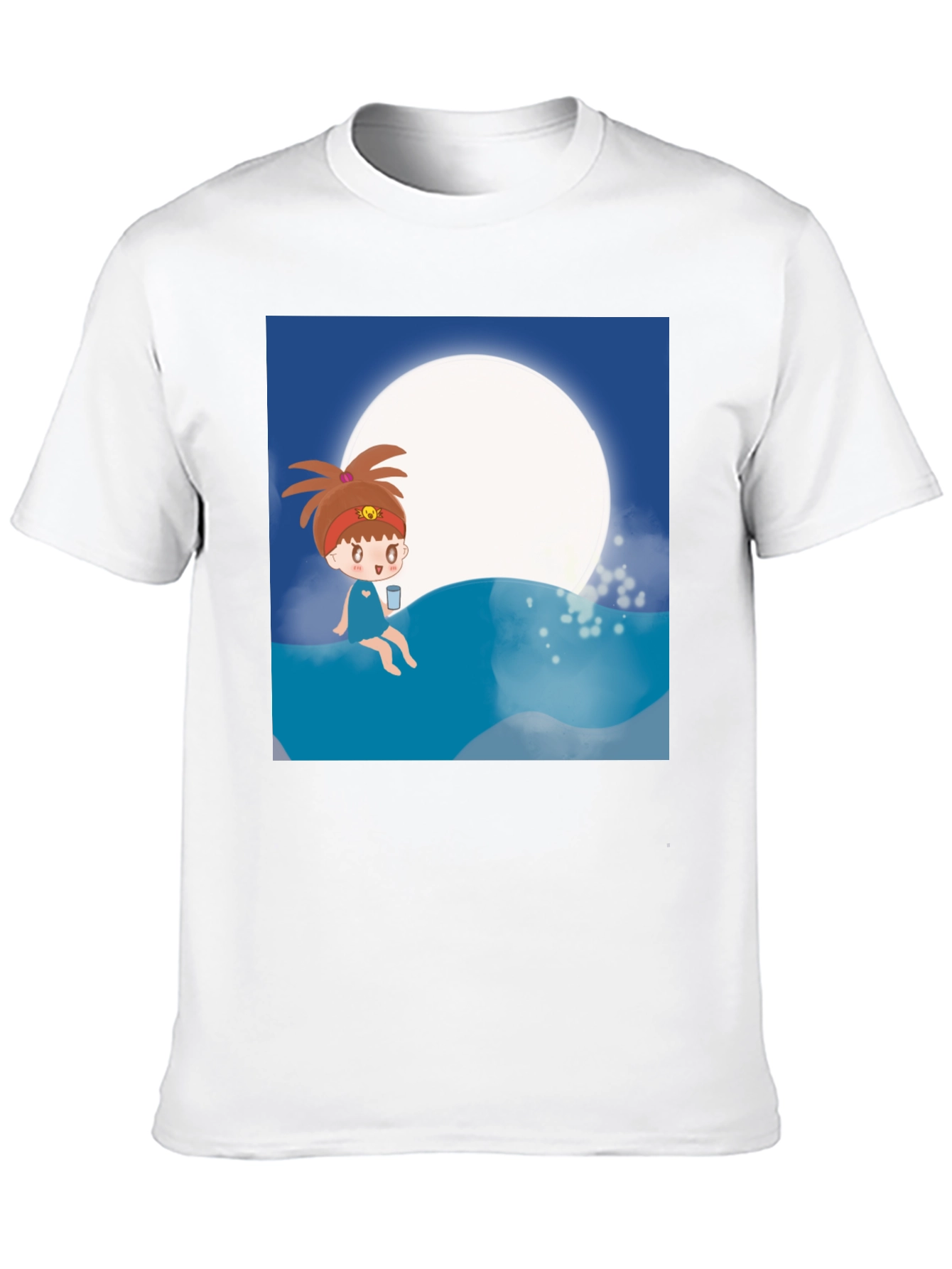 Cartoon Girl Moon Beach T-Shirt