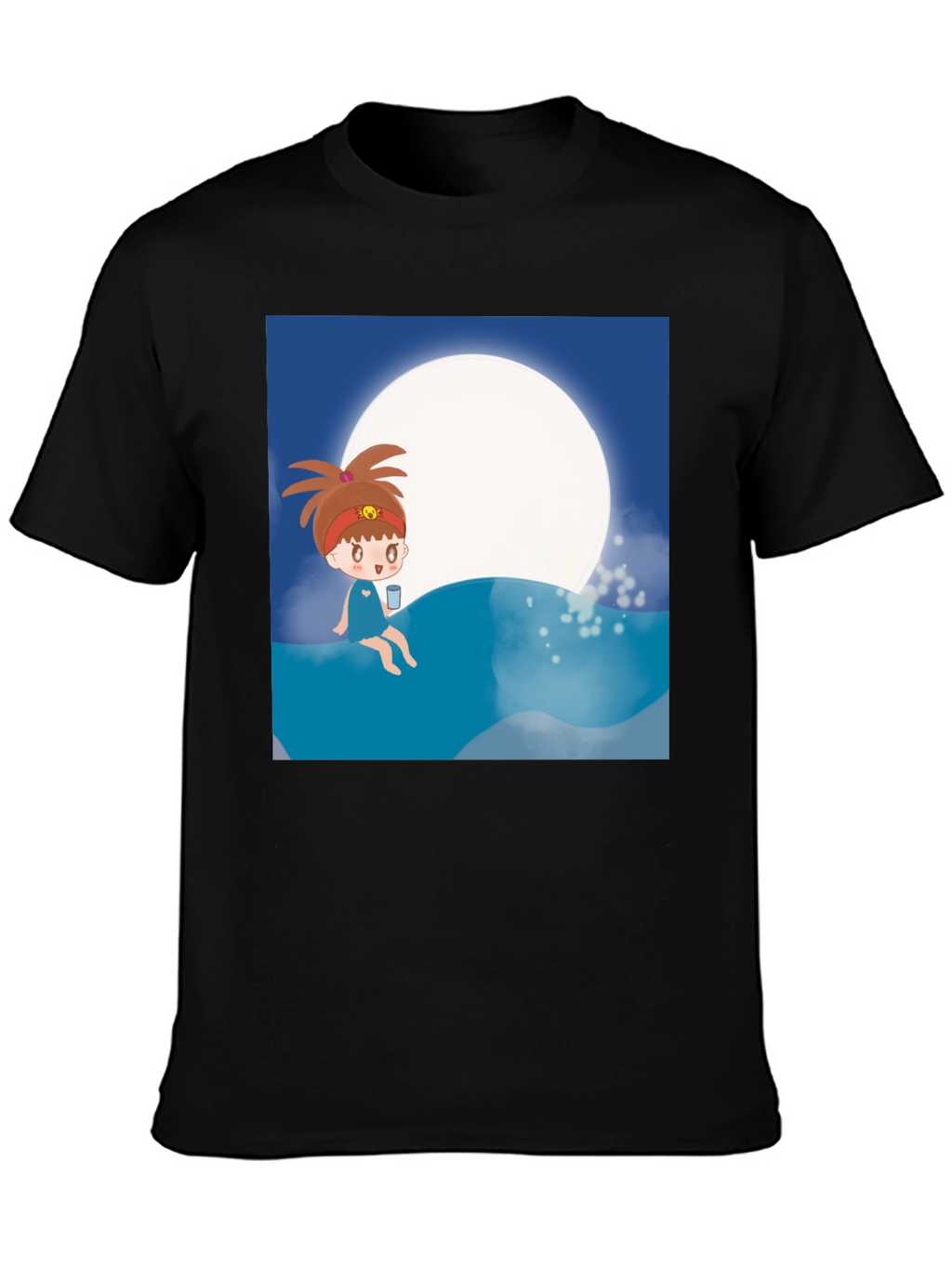Cartoon Girl Moon Beach T-Shirt