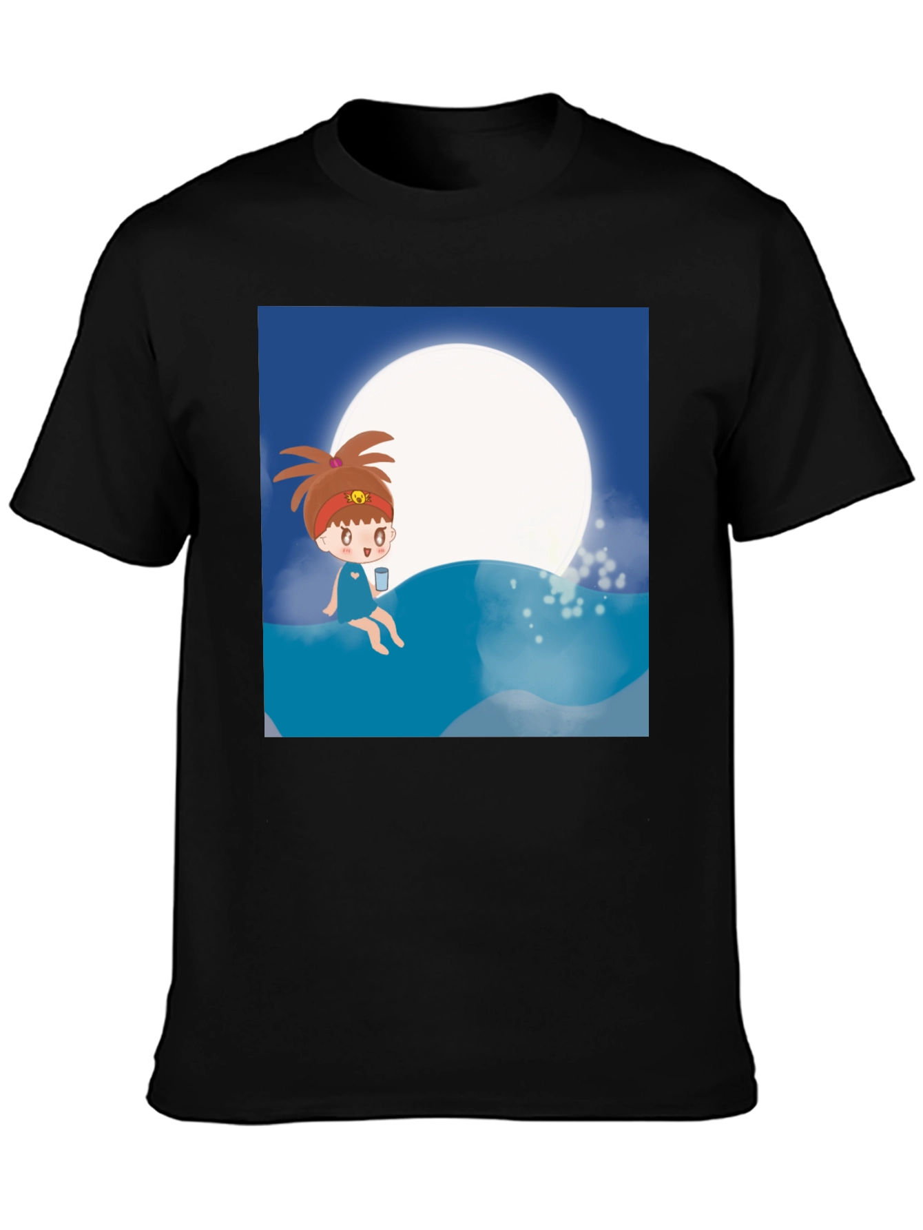 Cartoon Girl Moon Beach T-Shirt