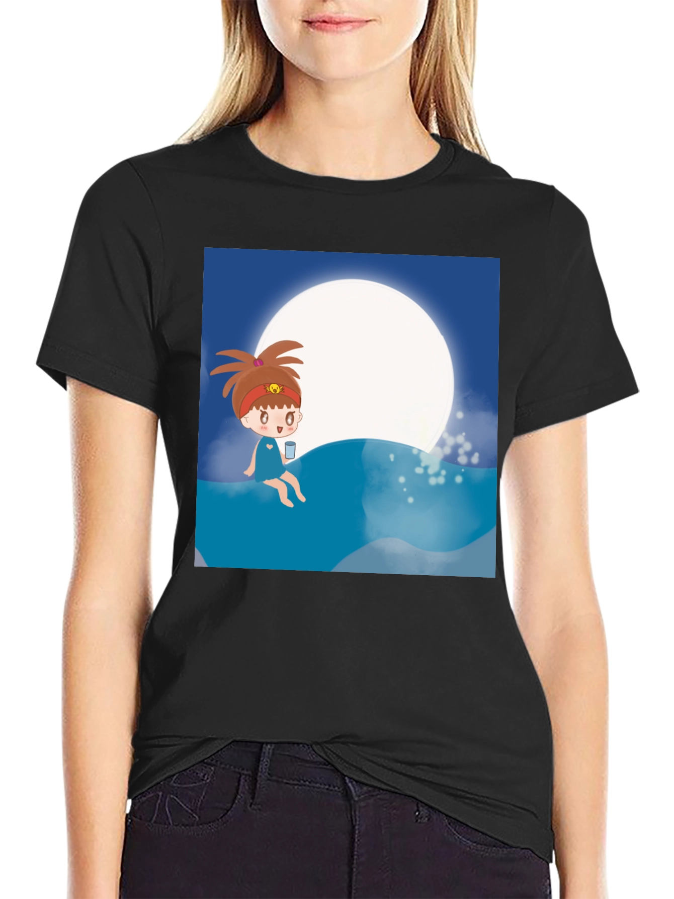 Cartoon Girl Moon Beach T-Shirt