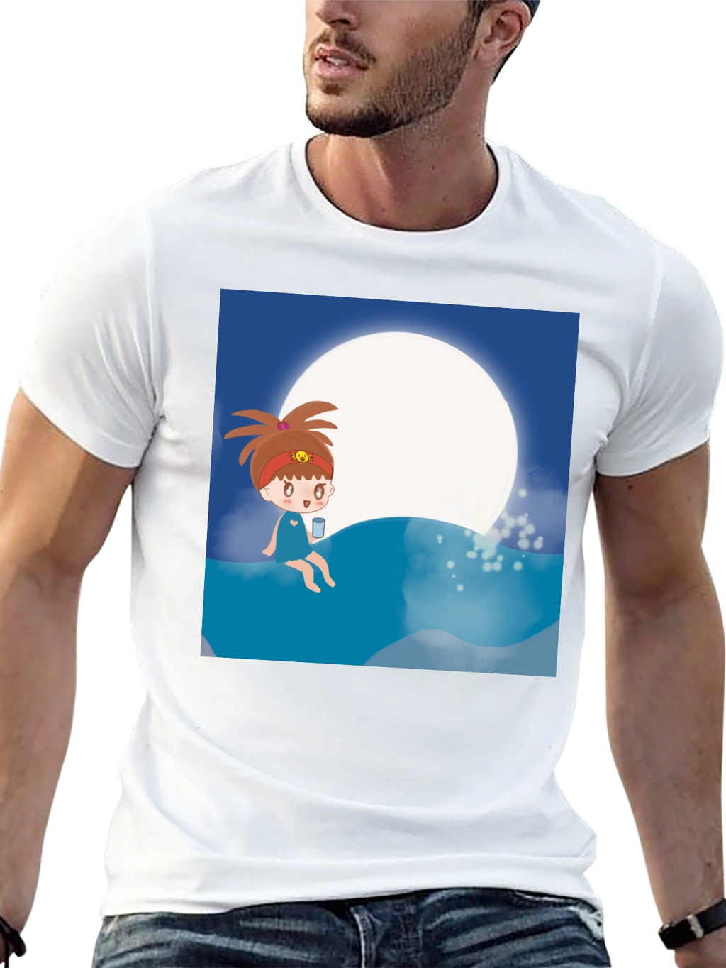 Cartoon Girl Moon Beach T-Shirt