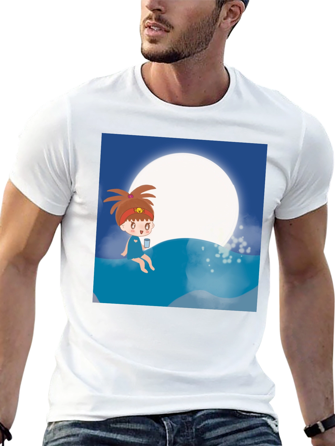 Cartoon Girl Moon Beach T-Shirt